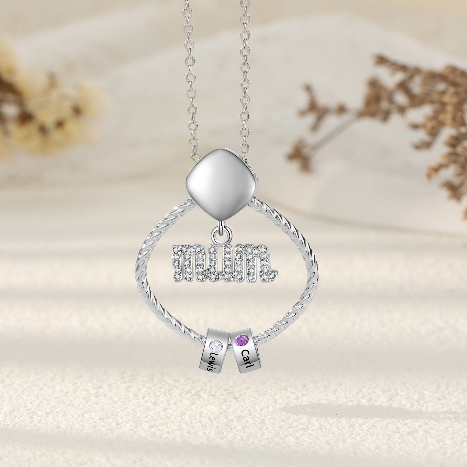 2 Names - Personalized Birthstone Necklace with 2 Birthstone Pendants Engraved with Names Gift for Mum