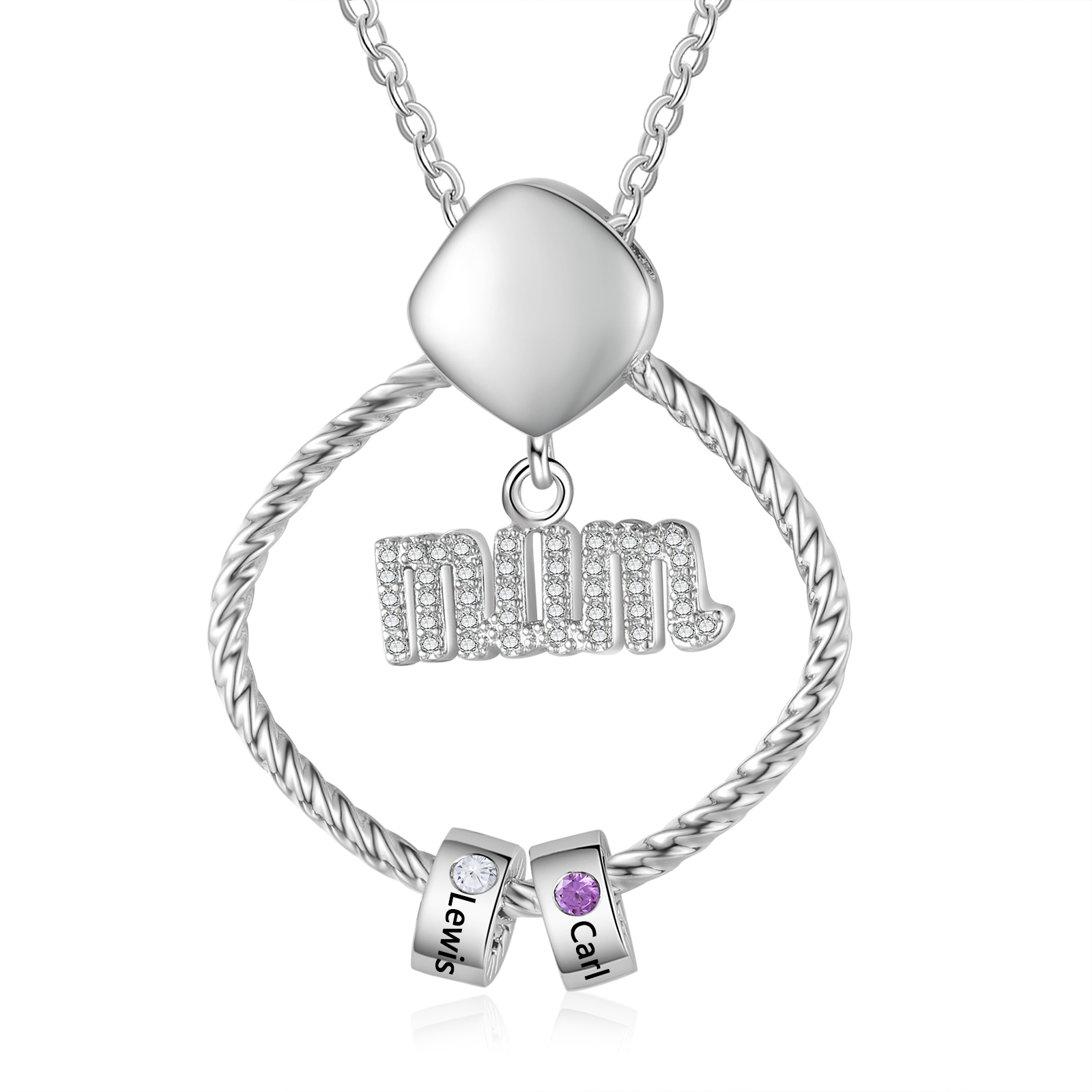 Personalized Circle Necklace With 2 Birthstones Pendant Engraved Names Gift For Mum