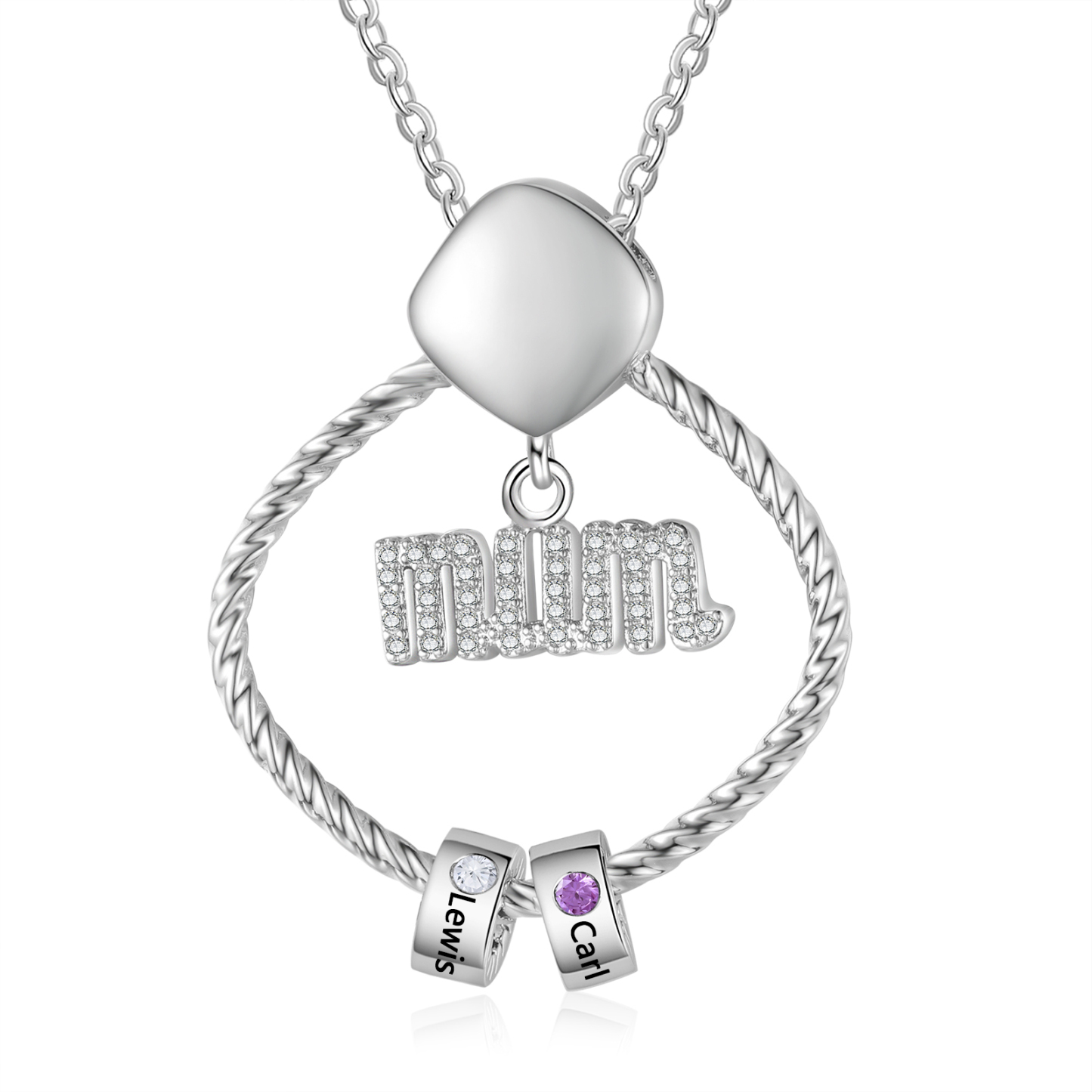 Personalized Circle Necklace With 2 Birthstones Pendant Engraved Names Gift For Mum