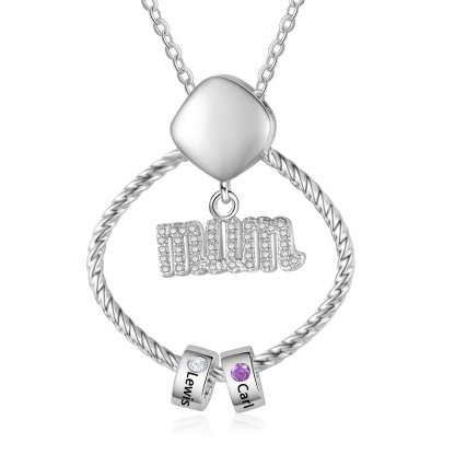 Personalized Circle Necklace With 2 Birthstones Pendant Engraved Names Gift For Mum