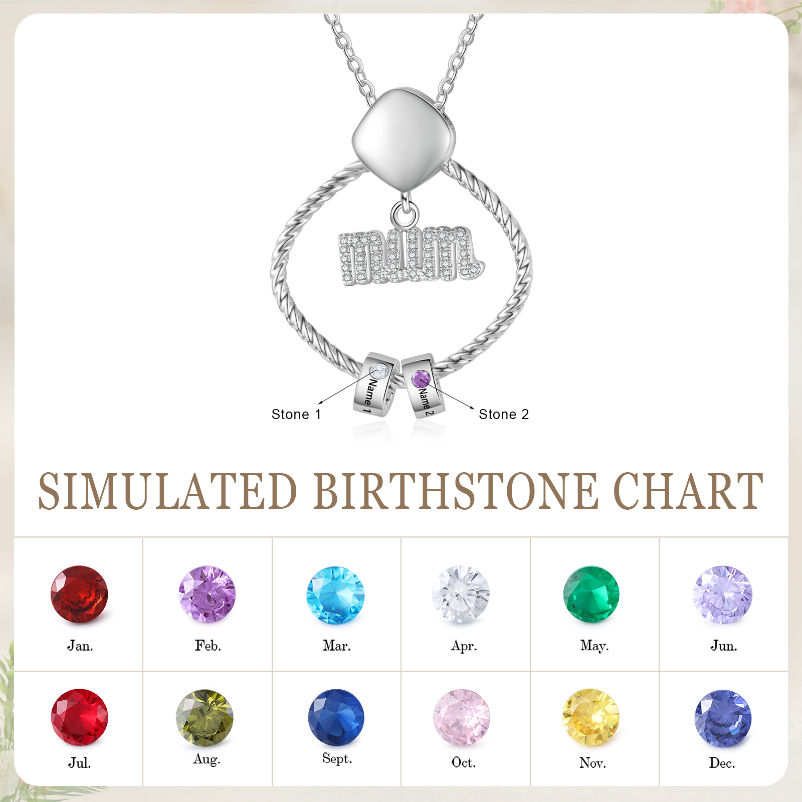 2 Names - Personalized Birthstone Necklace with 2 Birthstone Pendants Engraved with Names Gift for Mum