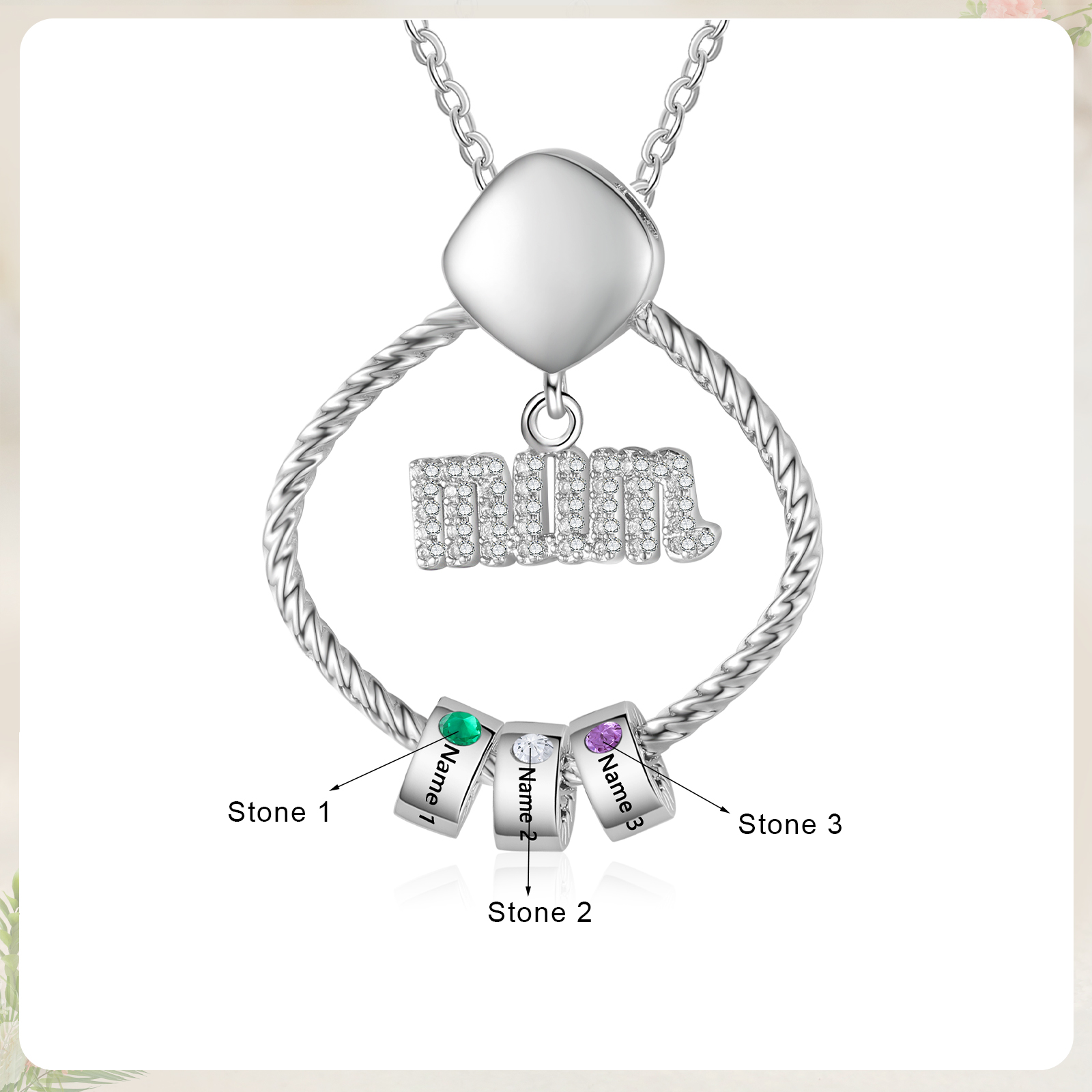 3 Names - Personalized Birthstone Necklace with 3 Birthstone Pendants Engraved with Names Gift for Mum