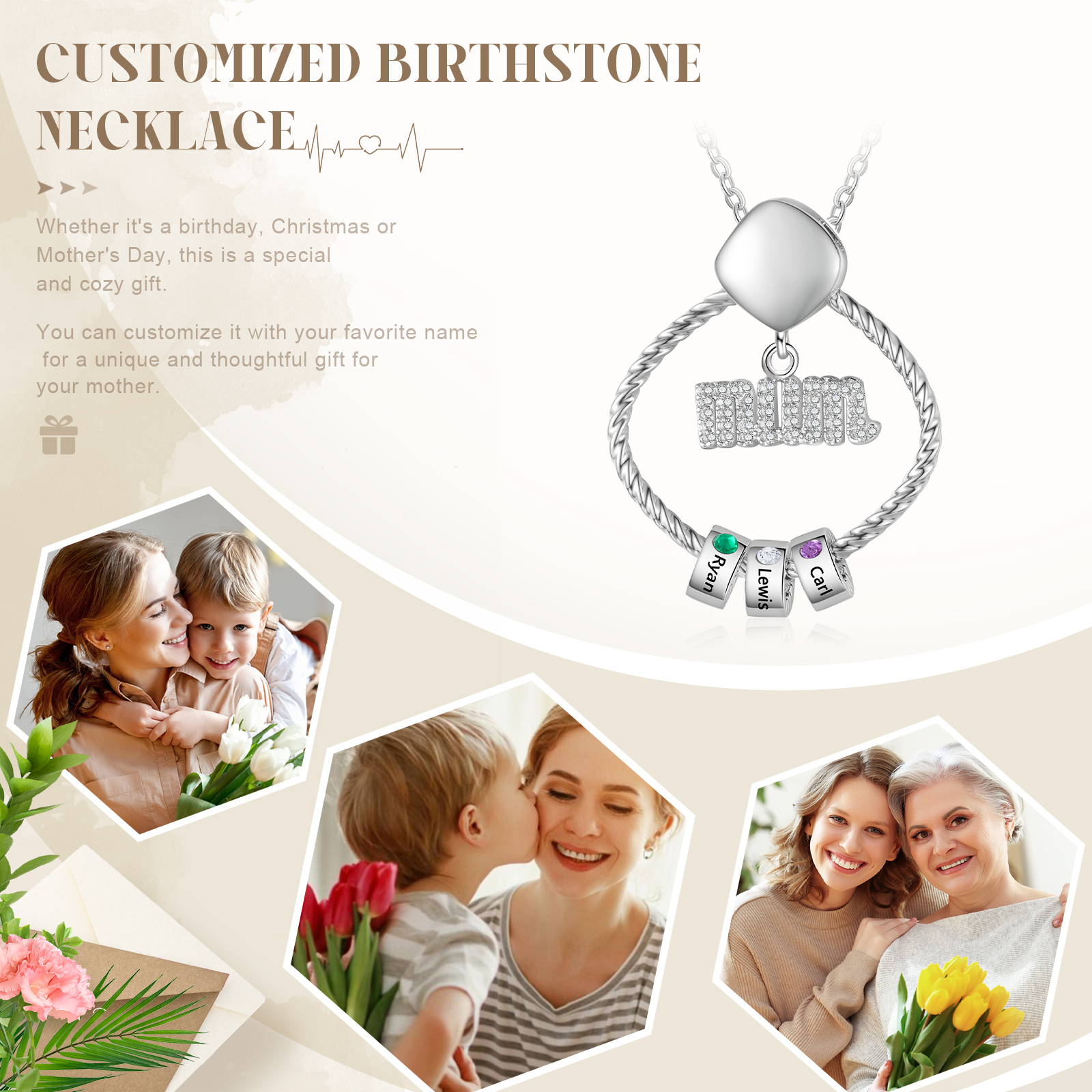 3 Names - Personalized Birthstone Necklace with 3 Birthstone Pendants Engraved with Names Gift for Mum