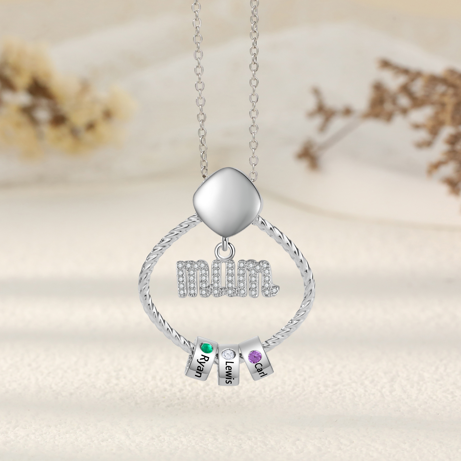 3 Names - Personalized Birthstone Necklace with 3 Birthstone Pendants Engraved with Names Gift for Mum