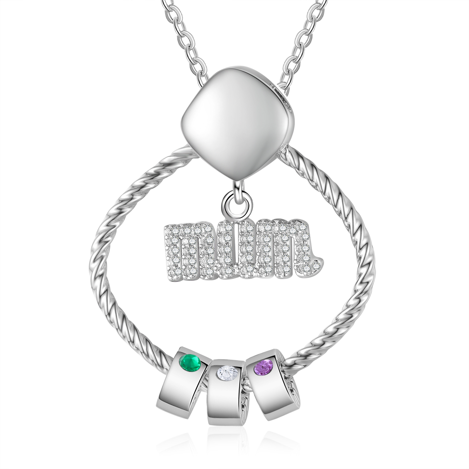 3 Names - Personalized Birthstone Necklace with 3 Birthstone Pendants Engraved with Names Gift for Mum