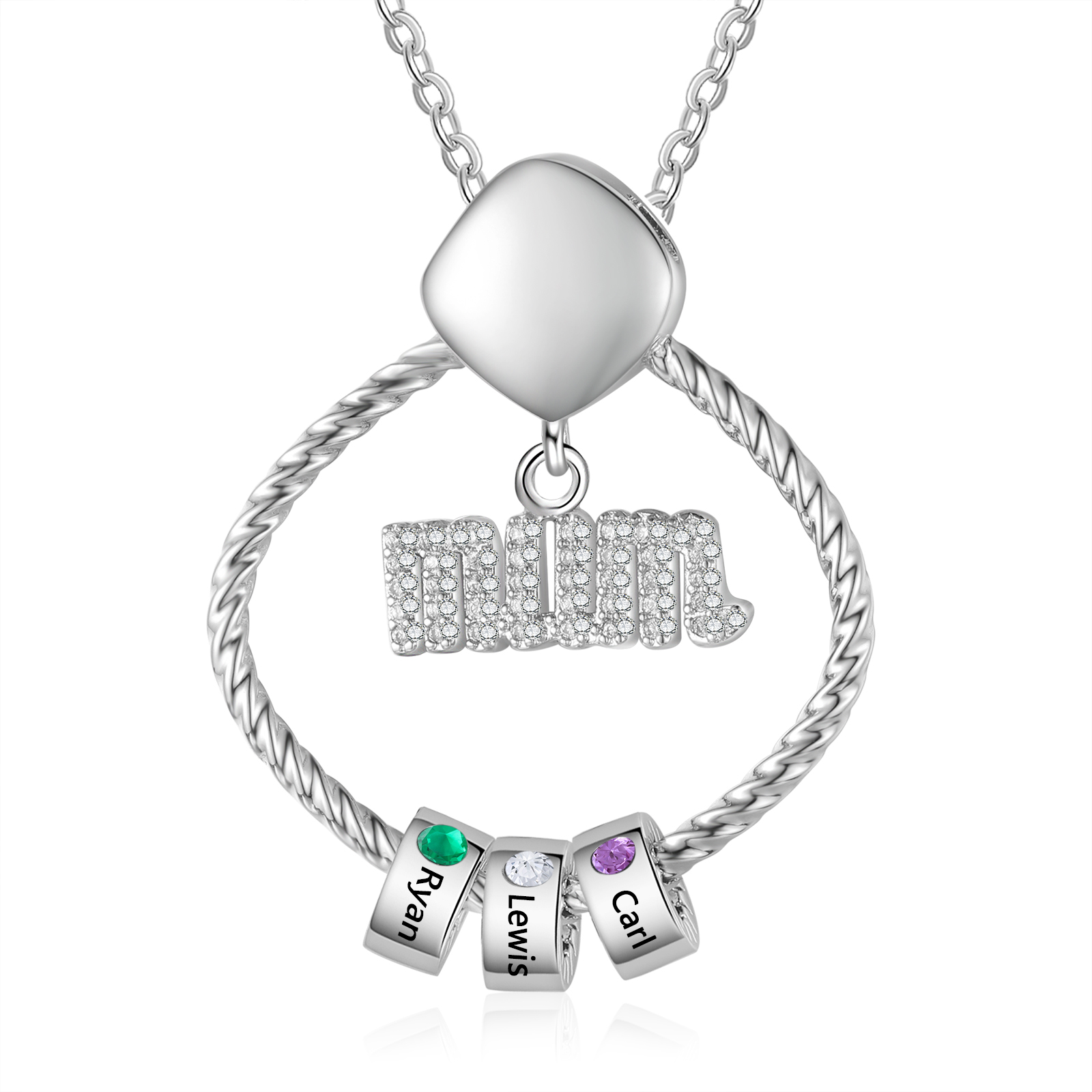 3 Names - Personalized Birthstone Necklace with 3 Birthstone Pendants Engraved with Names Gift for Mum
