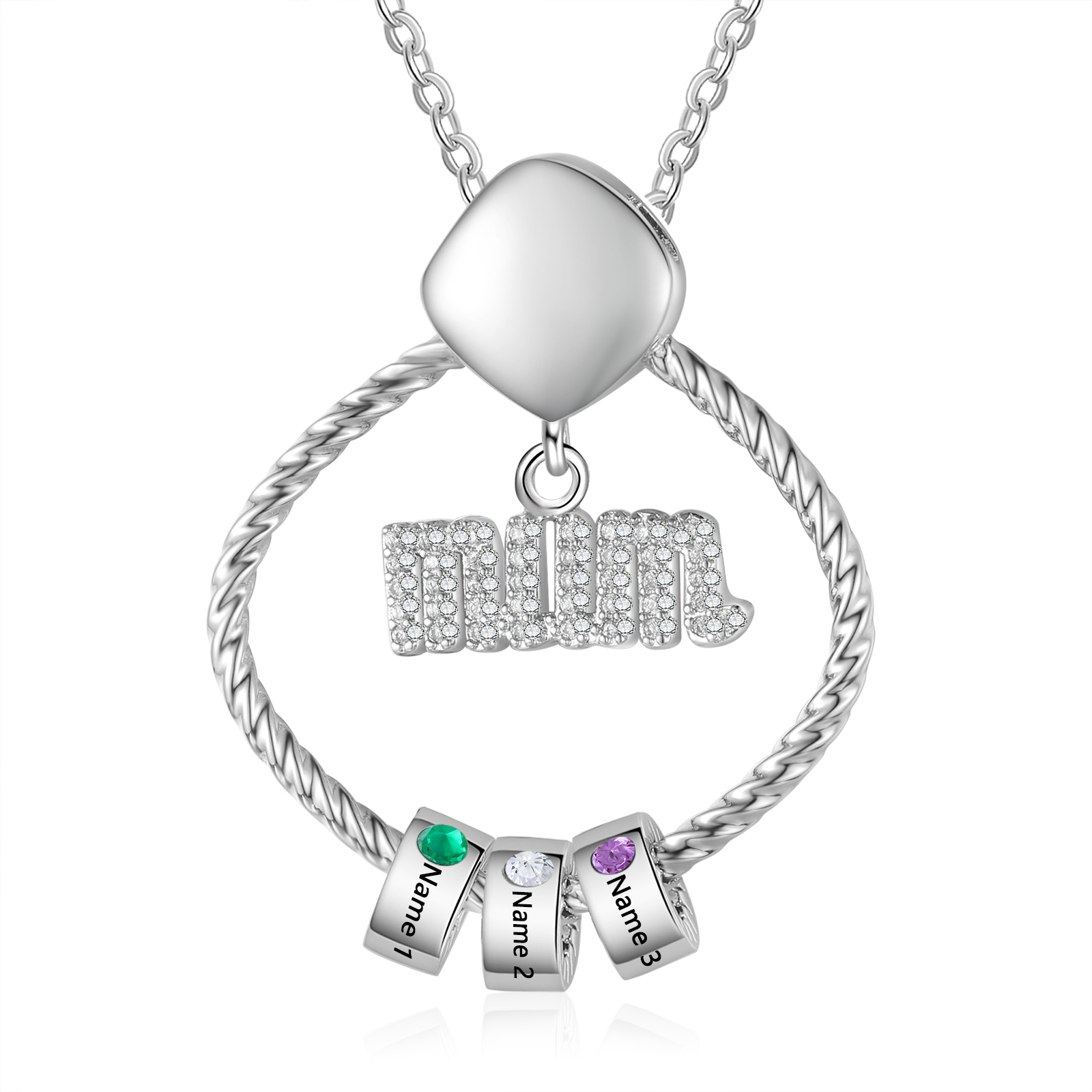 3 Names - Personalized Birthstone Necklace with 3 Birthstone Pendants Engraved with Names Gift for Mum