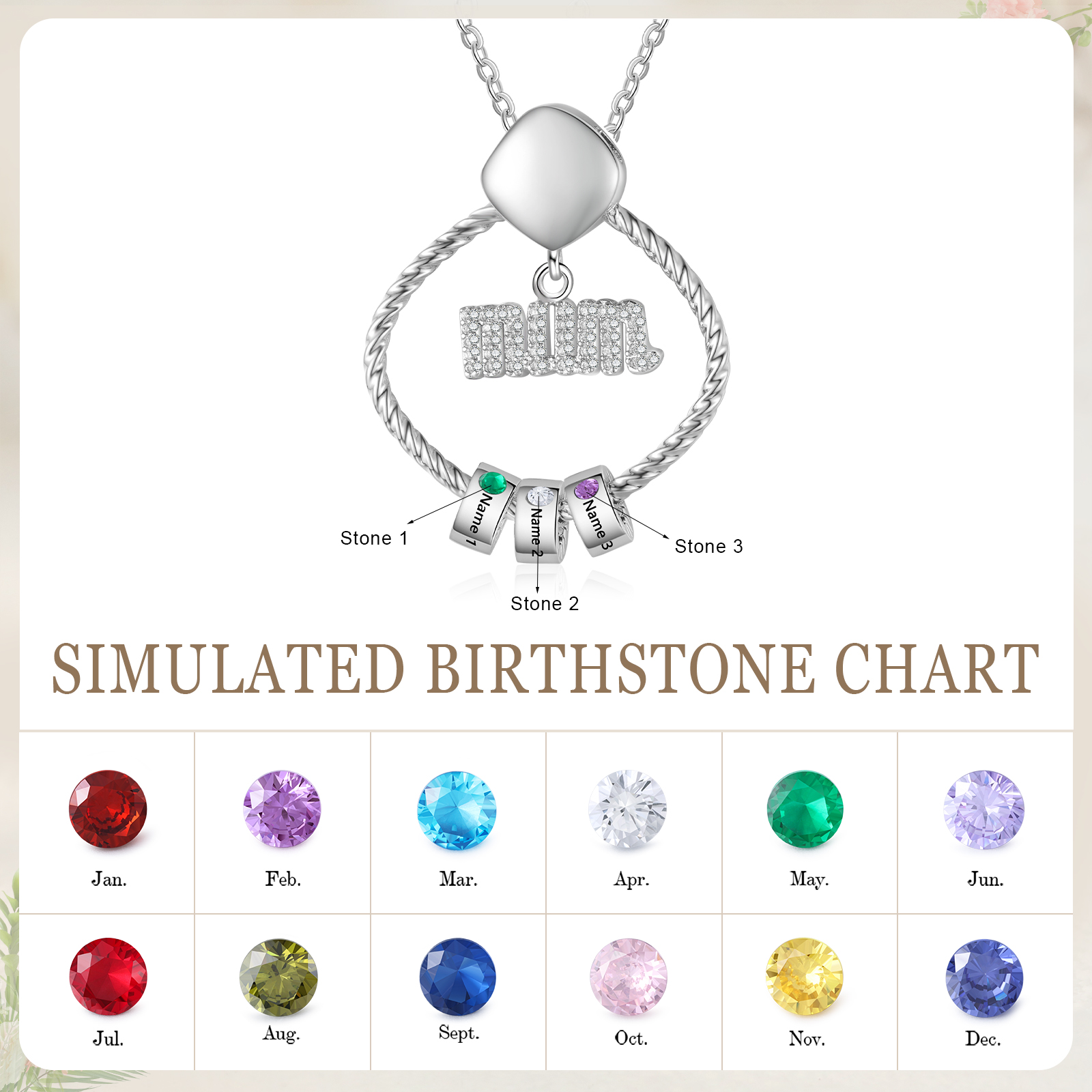 3 Names - Personalized Birthstone Necklace with 3 Birthstone Pendants Engraved with Names Gift for Mum
