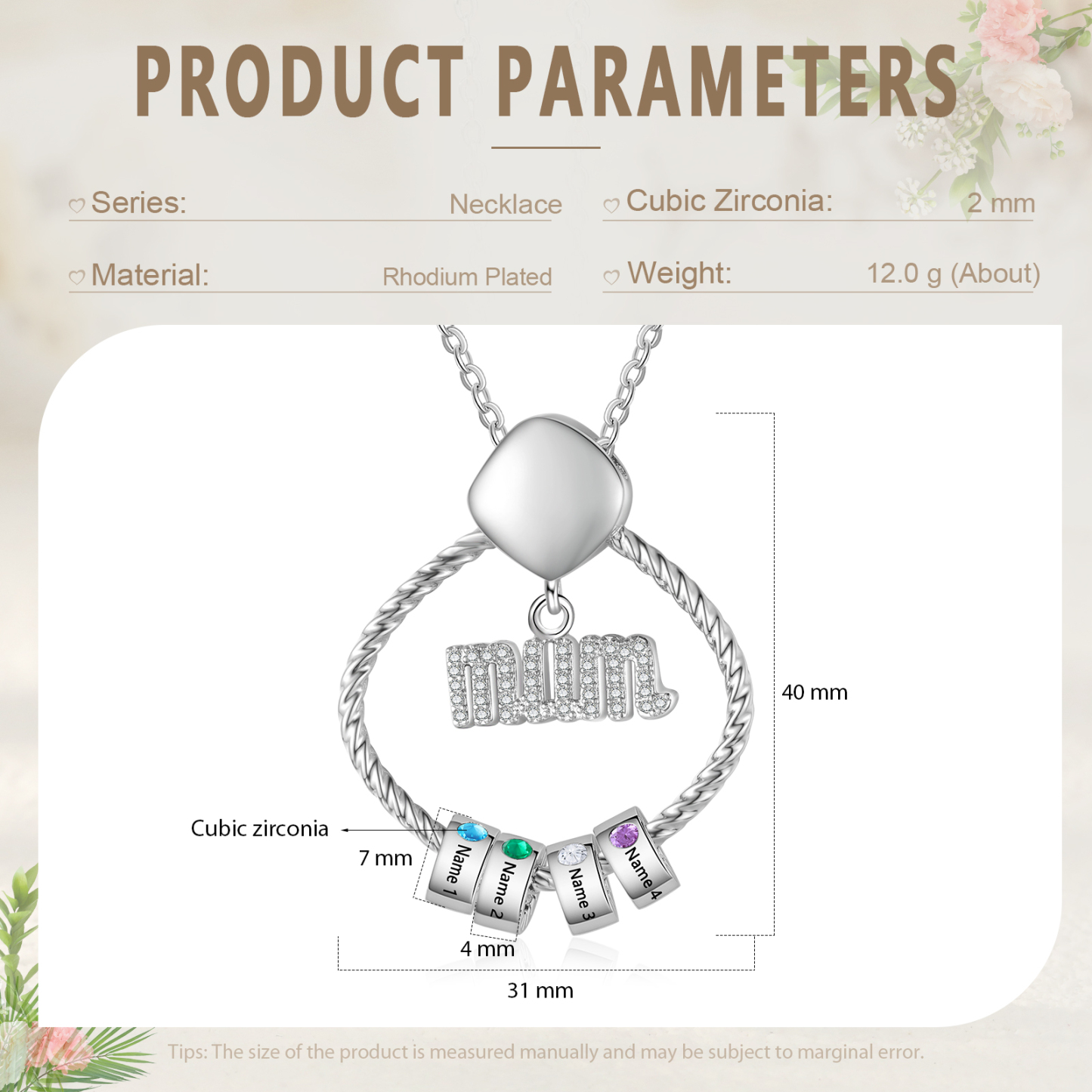 4 Names - Personalized Birthstone Necklace with 4 Birthstone Pendants Engraved with Names Gift for Mum