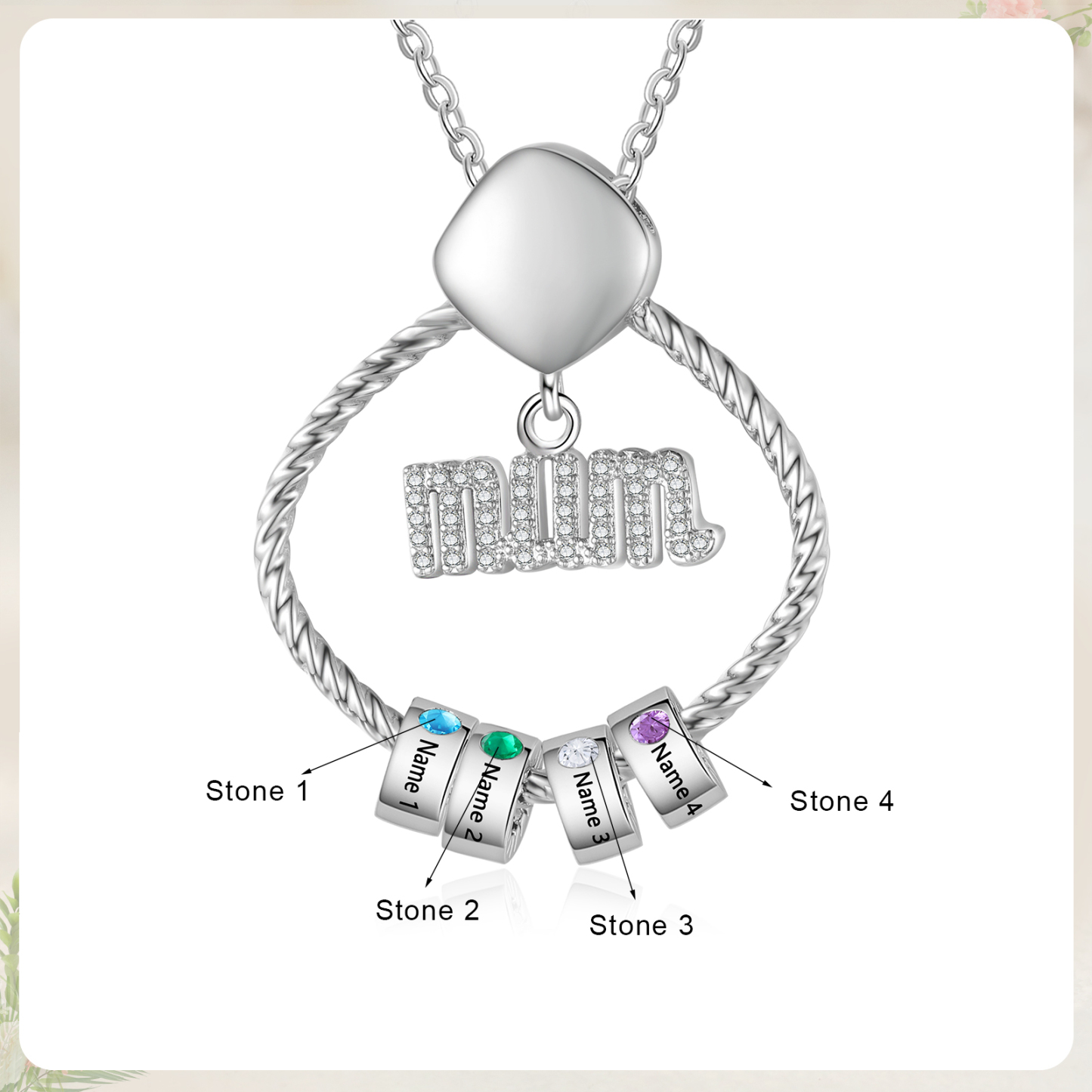 4 Names - Personalized Birthstone Necklace with 4 Birthstone Pendants Engraved with Names Gift for Mum