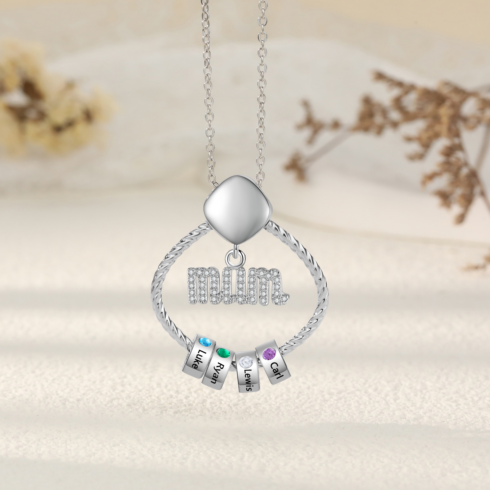 4 Names - Personalized Birthstone Necklace with 4 Birthstone Pendants Engraved with Names Gift for Mum