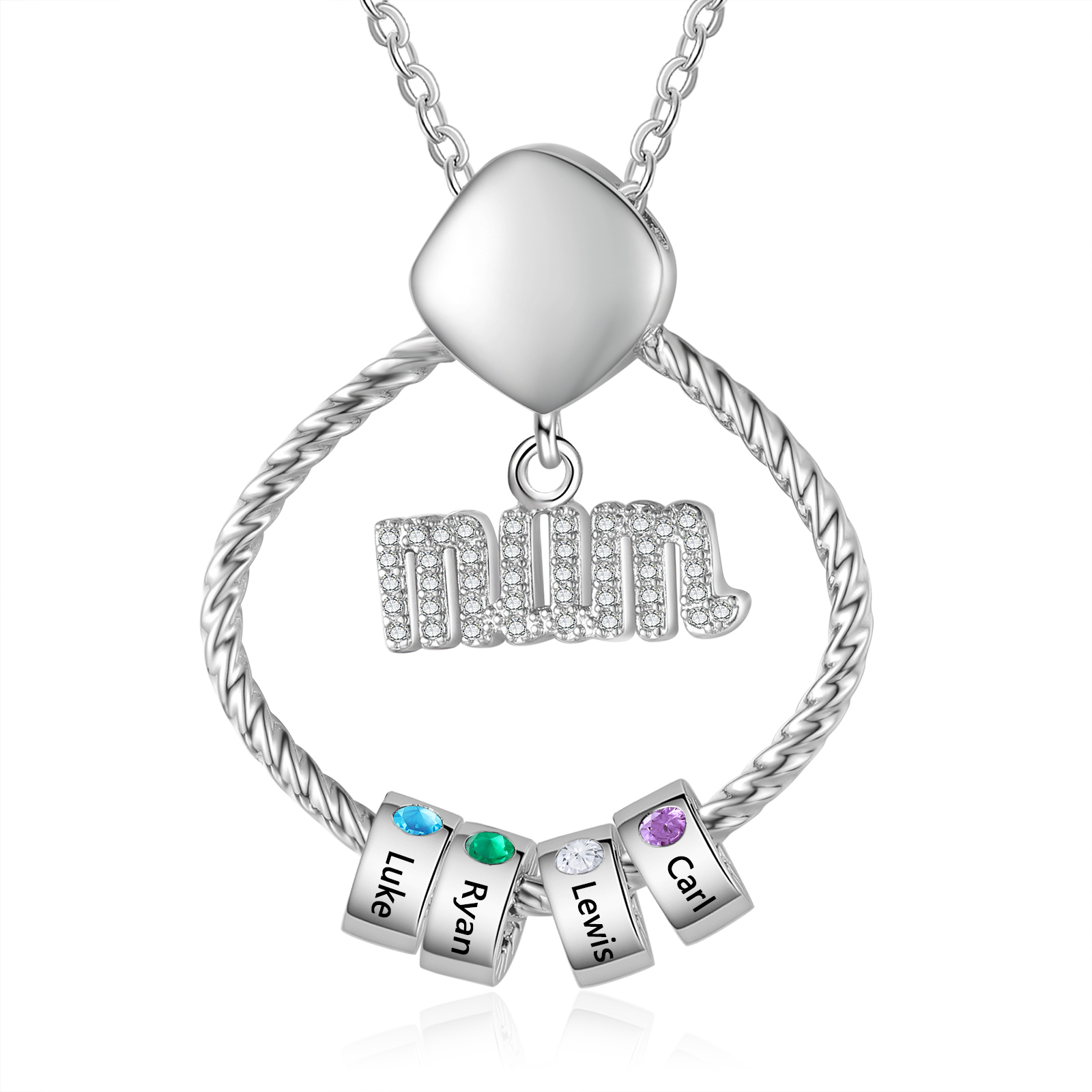 Personalized Circle Necklace With 2 Birthstones Pendant Engraved Names Gift For Mum