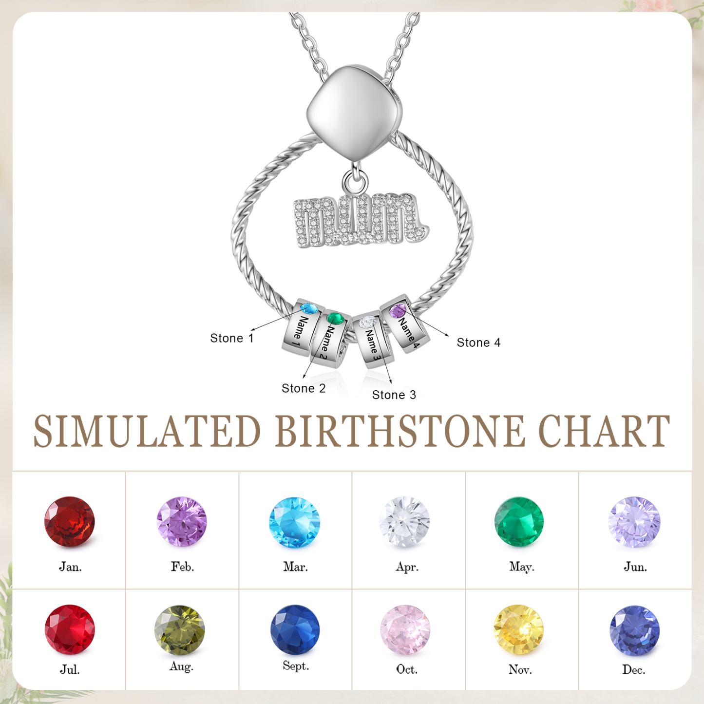 4 Names - Personalized Birthstone Necklace with 4 Birthstone Pendants Engraved with Names Gift for Mum