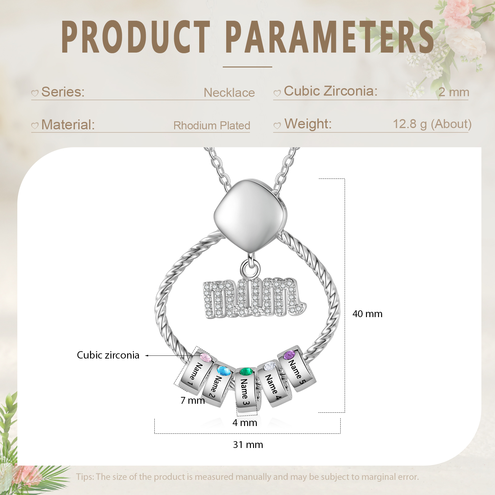 5 Names - Personalized Birthstone Necklace with 5 Birthstone Pendants Engraved with Names Gift for Mum
