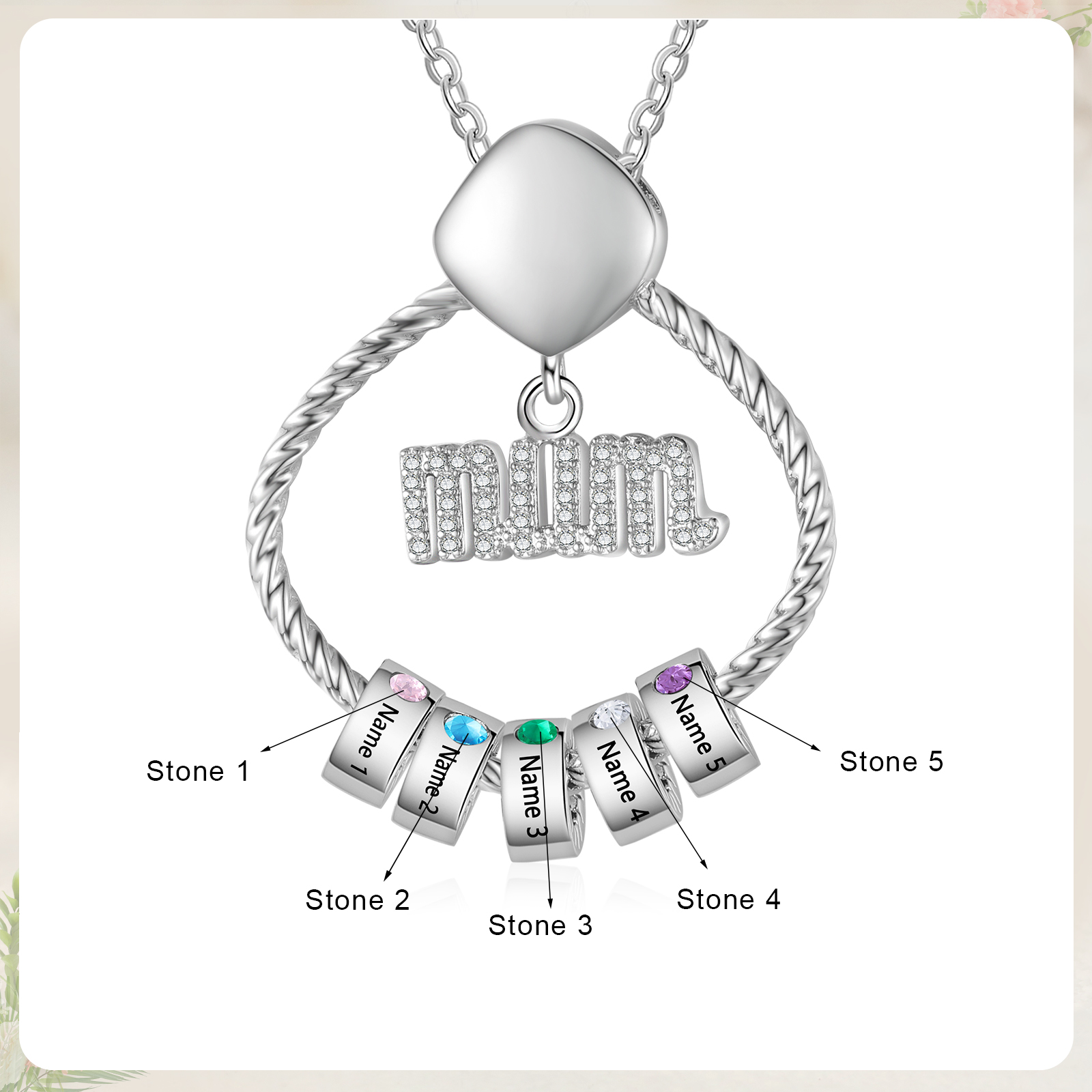 5 Names - Personalized Birthstone Necklace with 5 Birthstone Pendants Engraved with Names Gift for Mum