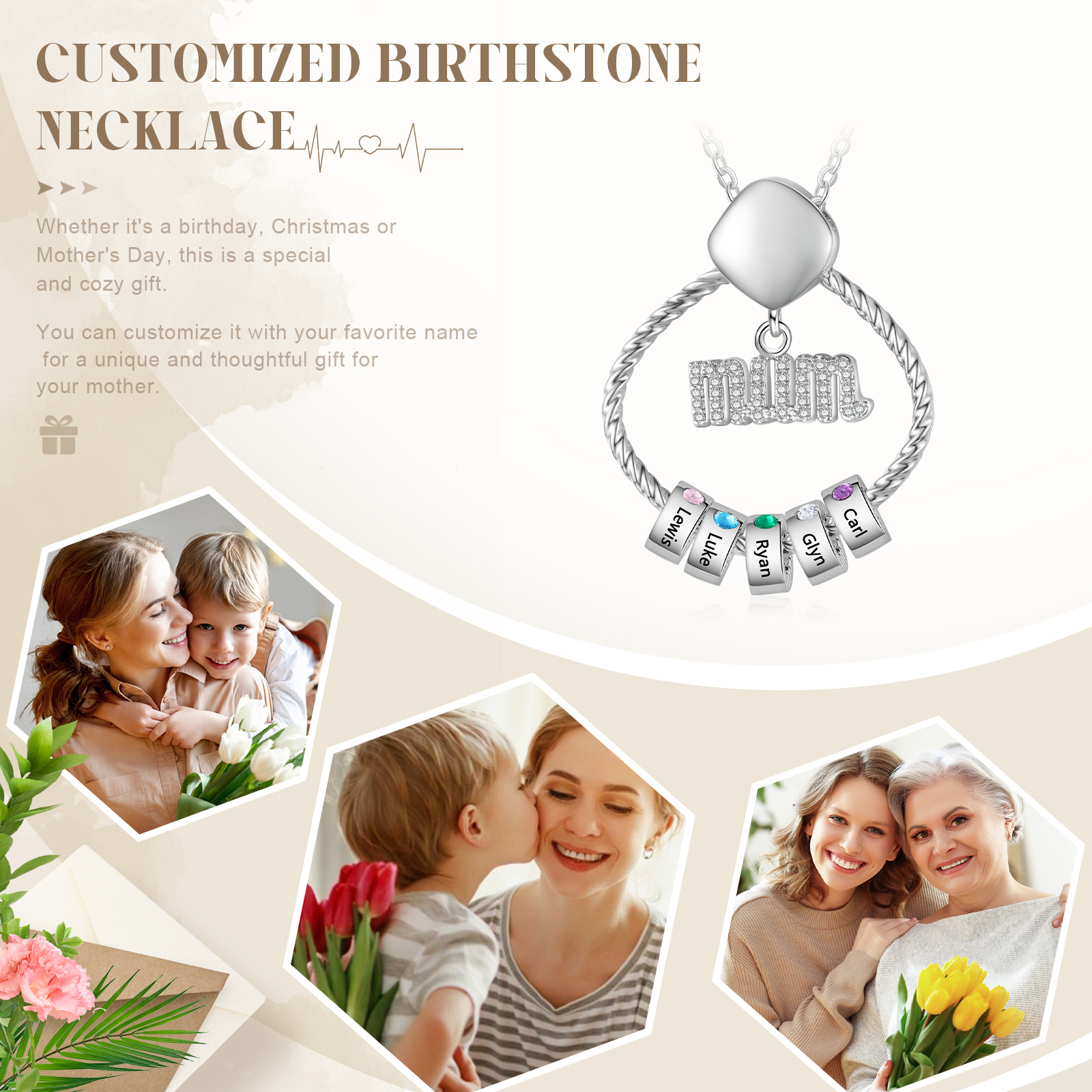 5 Names - Personalized Birthstone Necklace with 5 Birthstone Pendants Engraved with Names Gift for Mum