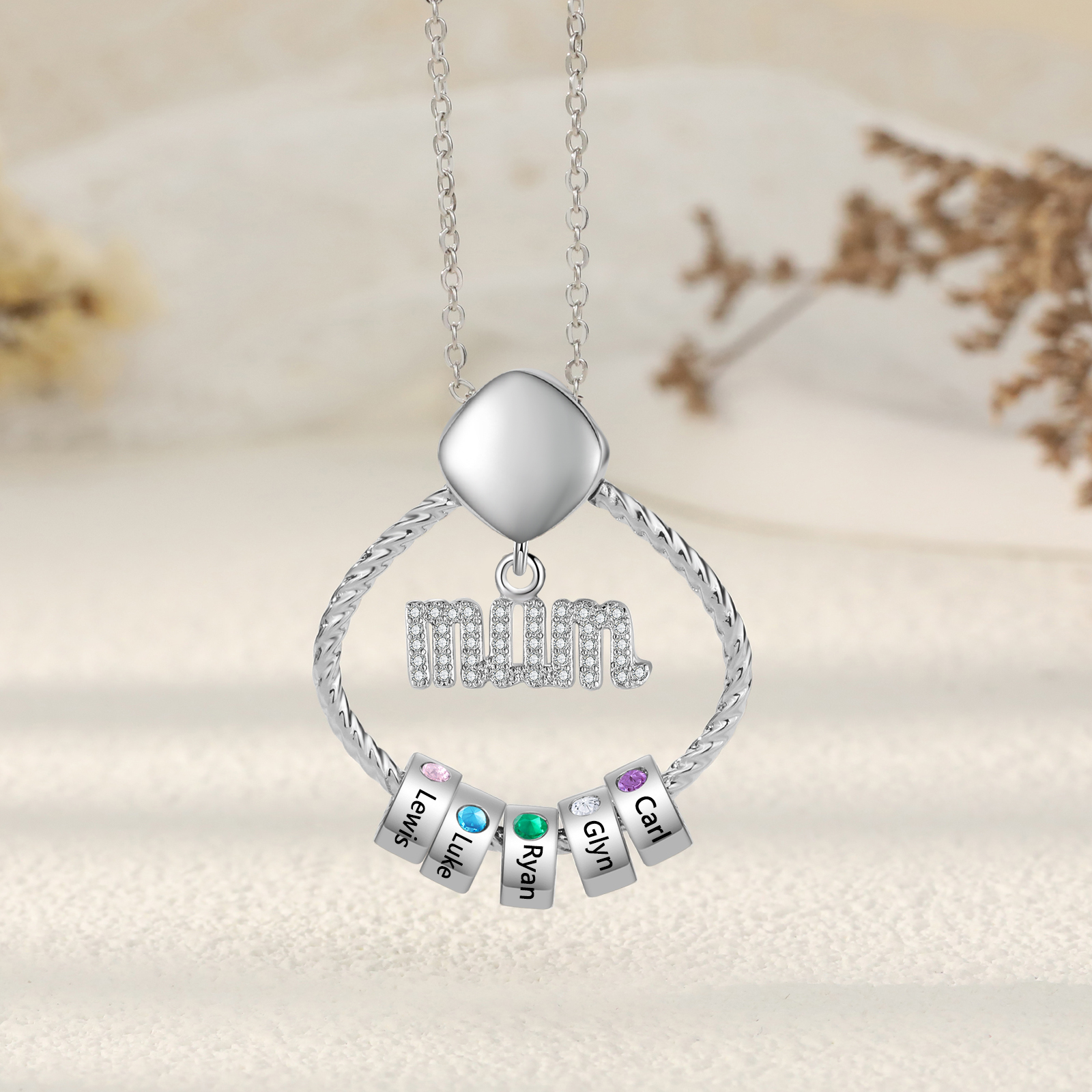 5 Names - Personalized Birthstone Necklace with 5 Birthstone Pendants Engraved with Names Gift for Mum
