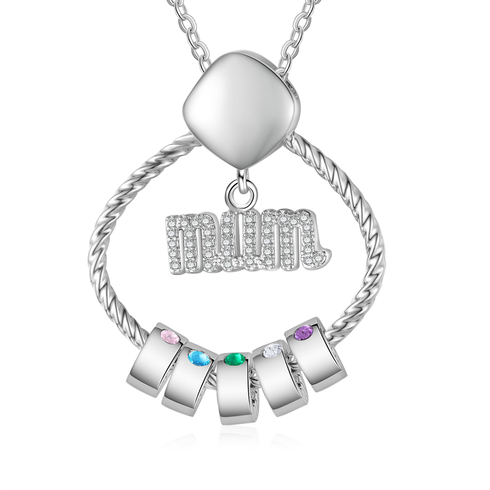 5 Names - Personalized Birthstone Necklace with 5 Birthstone Pendants Engraved with Names Gift for Mum