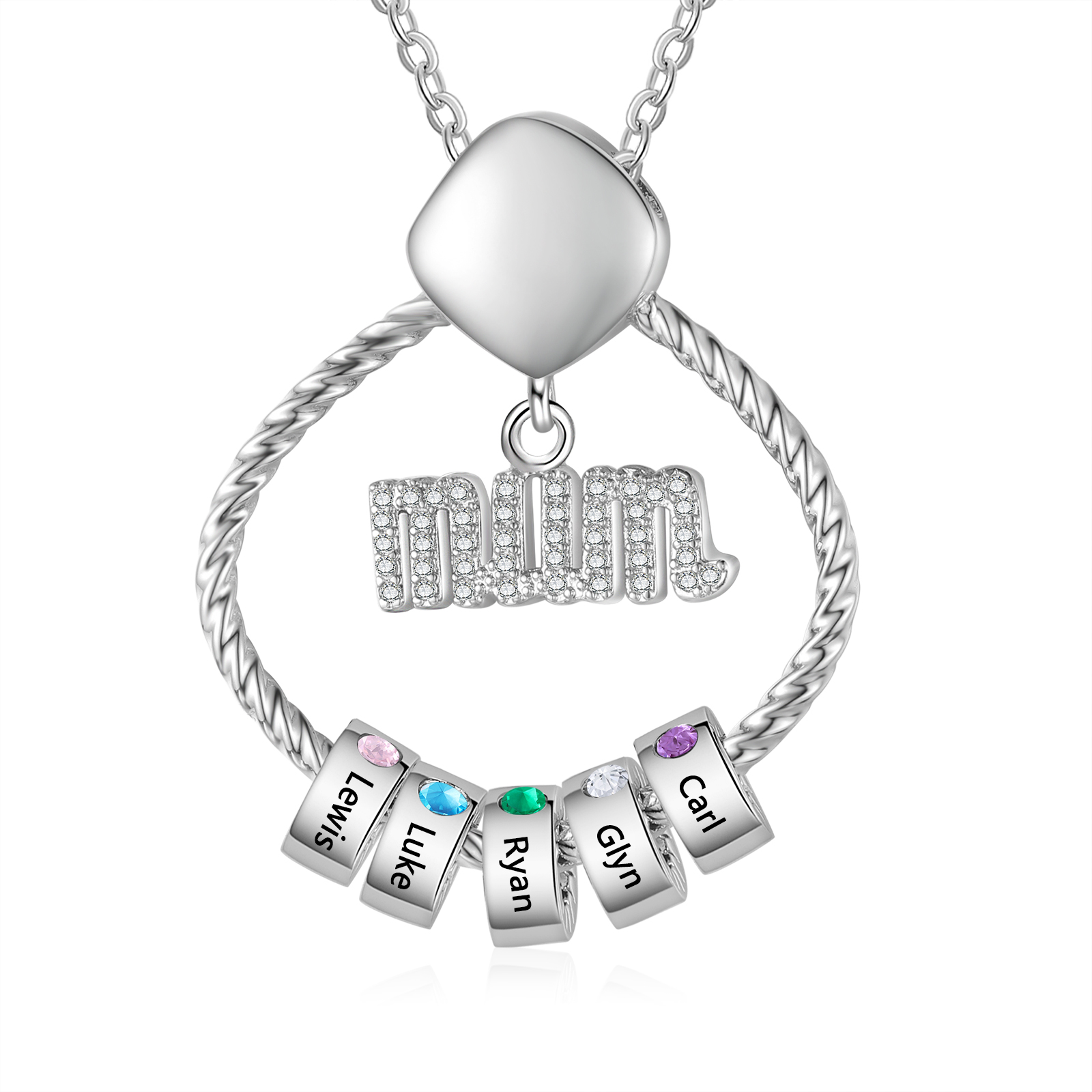 Personalized Circle Necklace With 2 Birthstones Pendant Engraved Names Gift For Mum