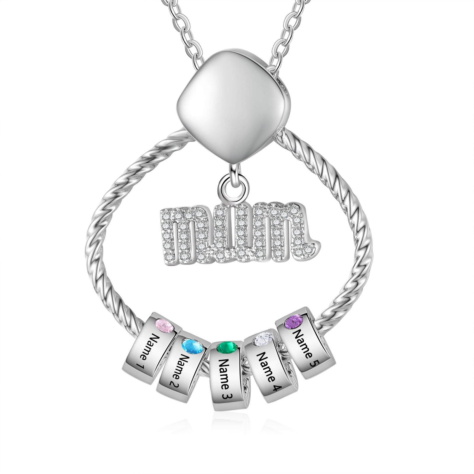 5 Names - Personalized Birthstone Necklace with 5 Birthstone Pendants Engraved with Names Gift for Mum