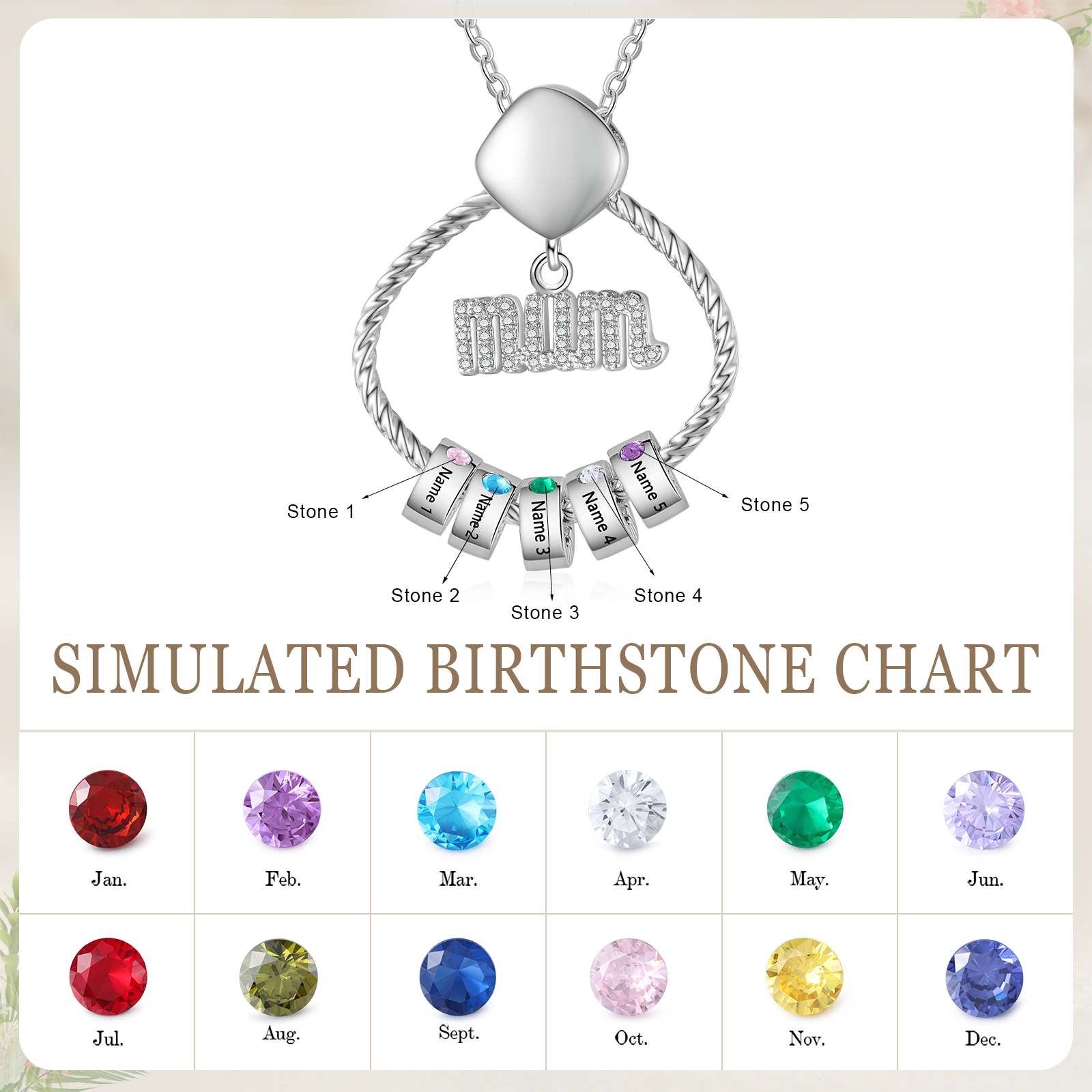 5 Names - Personalized Birthstone Necklace with 5 Birthstone Pendants Engraved with Names Gift for Mum