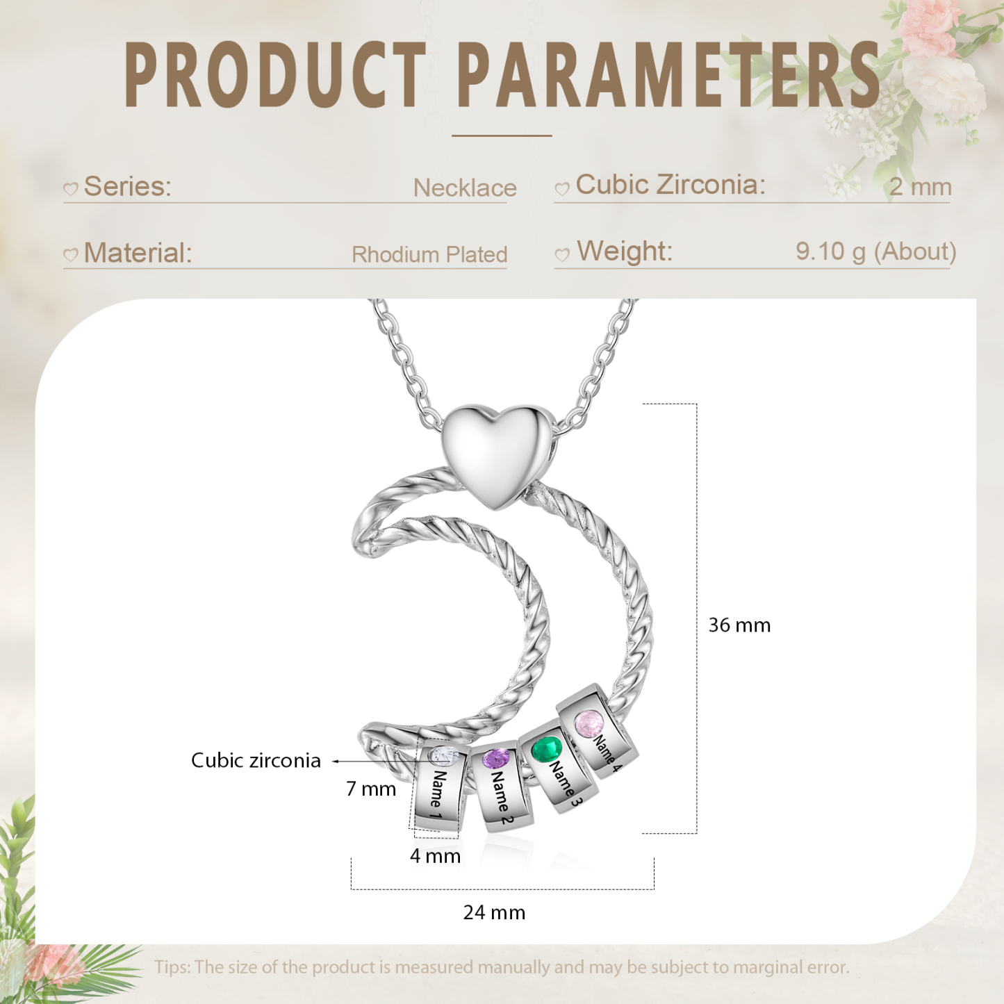 4 Names - Personalized Moon Pendant Necklace Custom Birthstones & Names Necklace Gift for Her