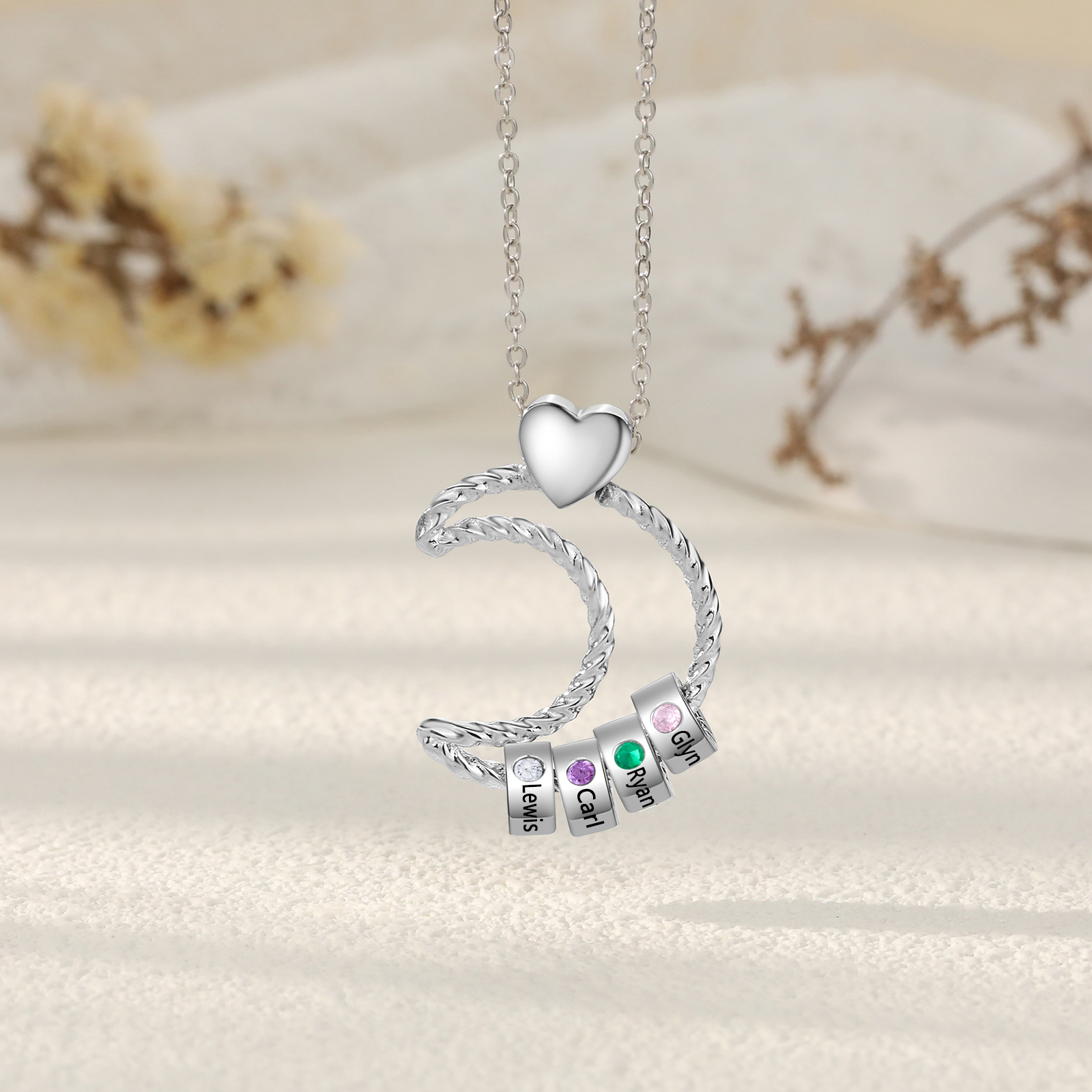 4 Names - Personalized Moon Pendant Necklace Custom Birthstones & Names Necklace Gift for Her