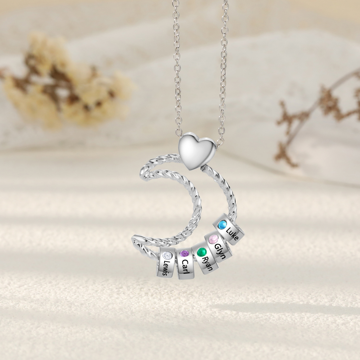 5 Names - Personalized Moon Pendant Necklace Custom Birthstones & Names Necklace Gift for Her