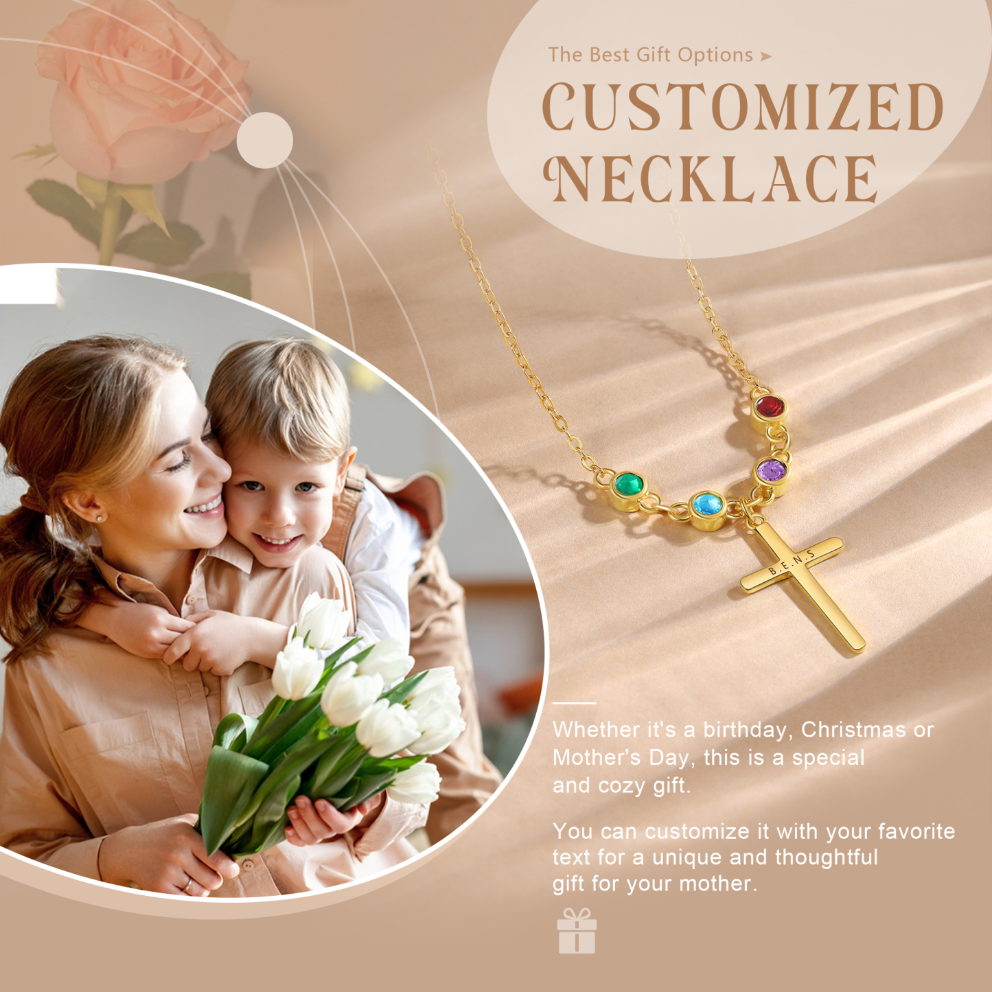 4 Birthstones - Beautiful Necklace Personalised with Text and Birthstones, Gift for Her