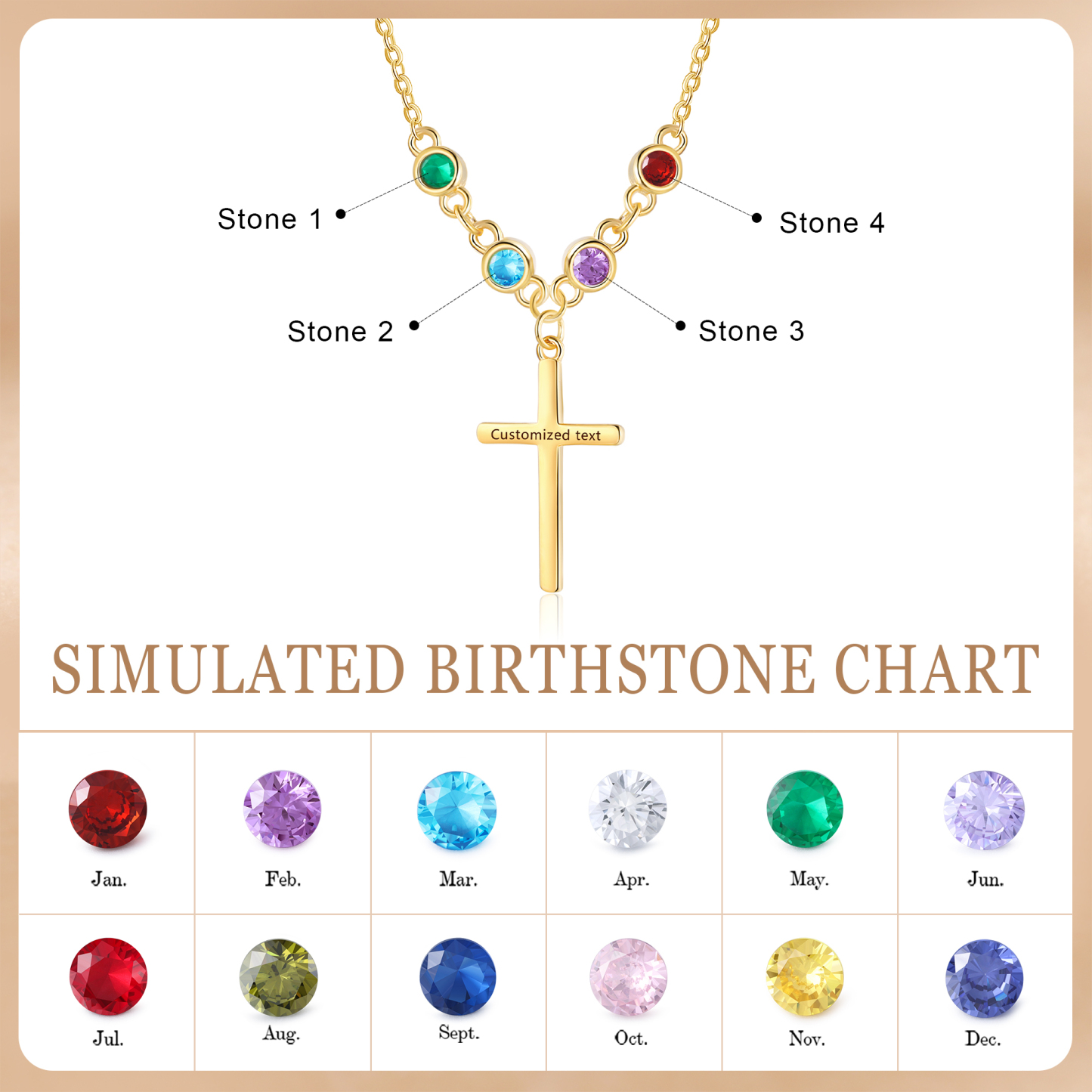 4 Birthstones - Beautiful Necklace Personalised with Text and Birthstones, Gift for Her