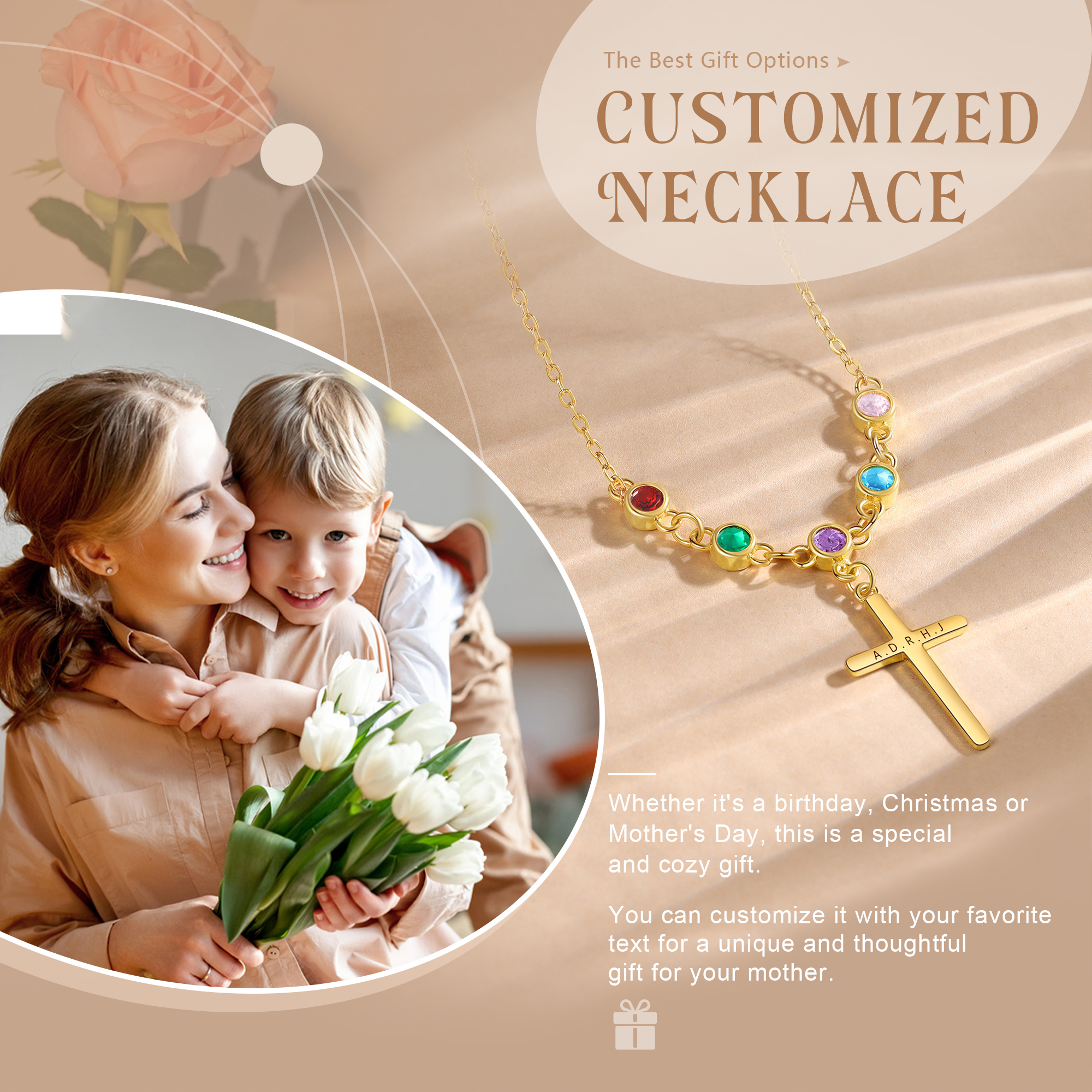 5 Birthstones - Beautiful Necklace Personalised with Text and Birthstones, Gift for Her
