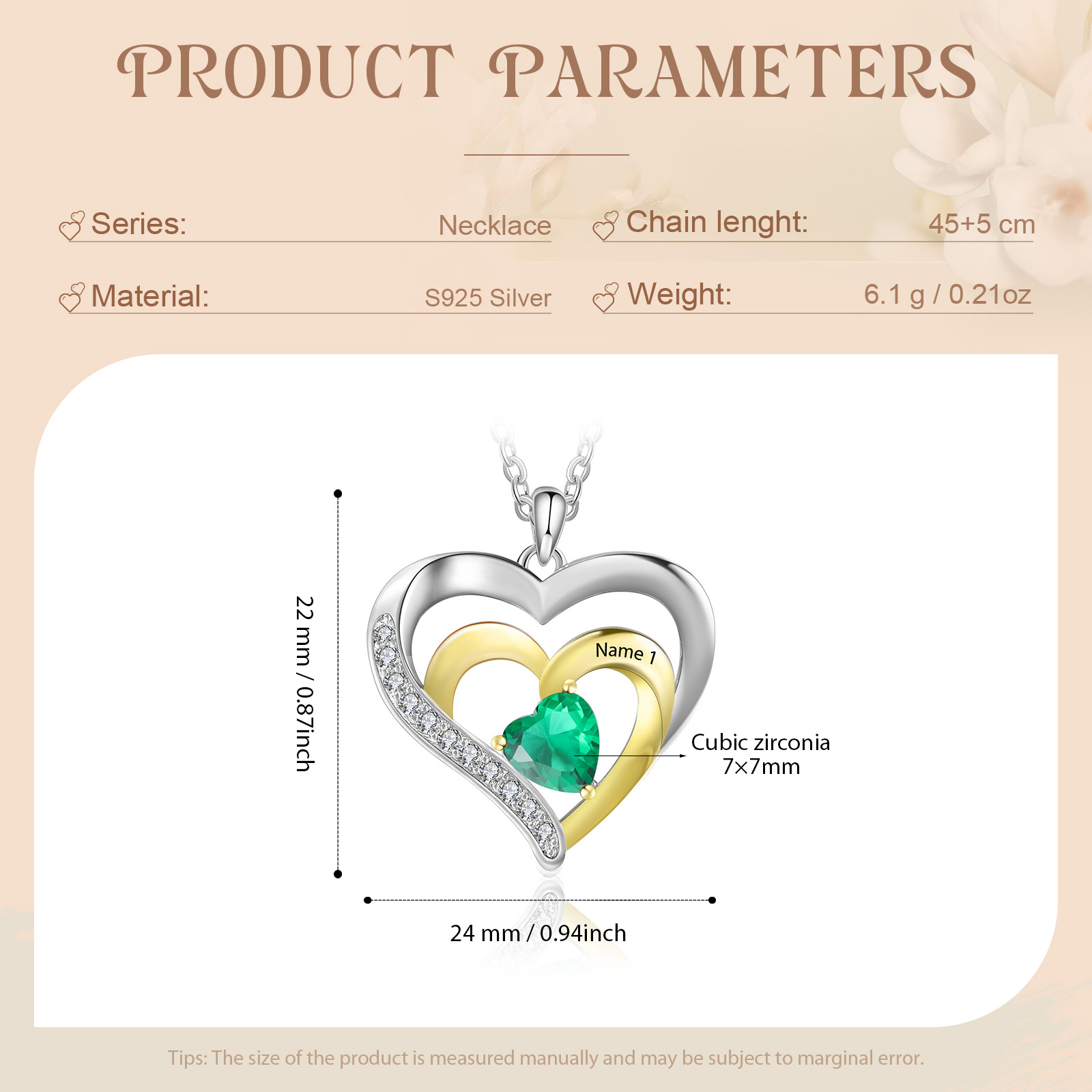 1 Name - Personalised Special Heart Necklace S925 Silver with Birthstone and Name Beautiful Gift for Her