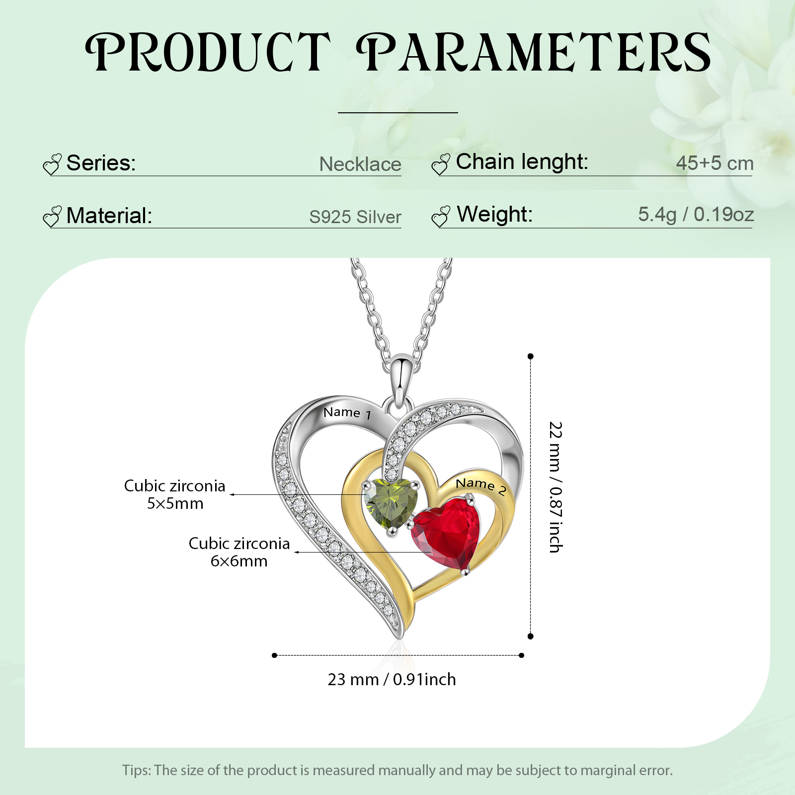 2 Names - Personalised Special Heart Necklace S925 Silver with Birthstone and Name Beautiful Gift for Her