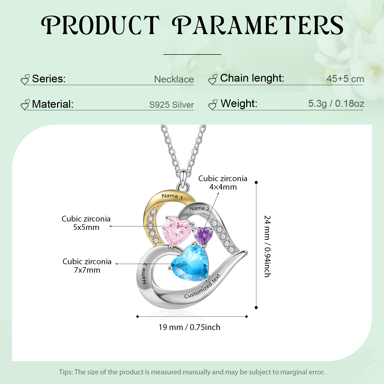 4 Names - Personalised Special Heart Necklace S925 Silver with Birthstone and Name Beautiful Gift for Her