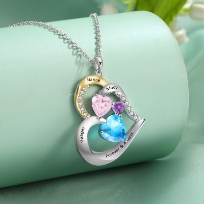 4 Names - Personalized Special Heart Necklace S925 Silver with Birthstone and Name Beautiful Gift for Her