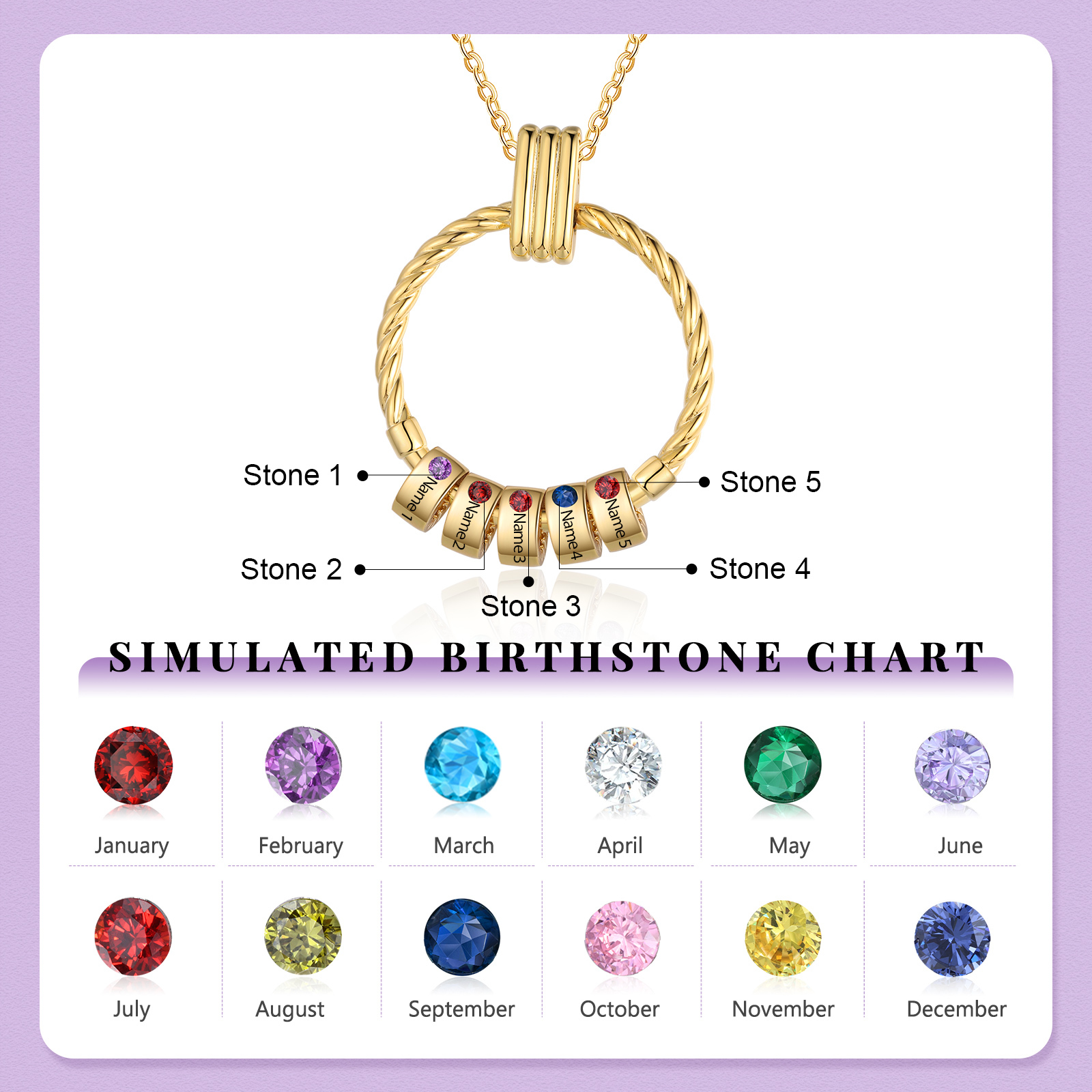 5 Names - Personalized Round Pendant Necklace Customized Name Gift for Her