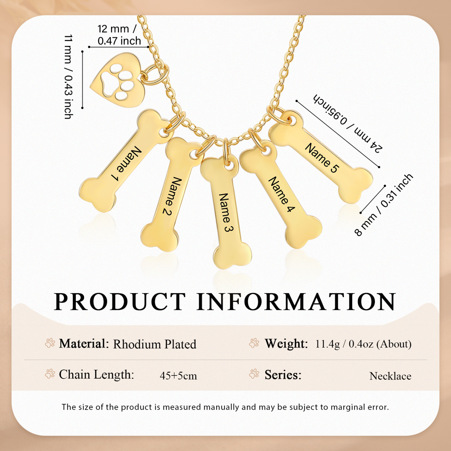 5 Names - Personalised Heart and Bones Charm Pendant Necklace, Custom Name Gift for Her