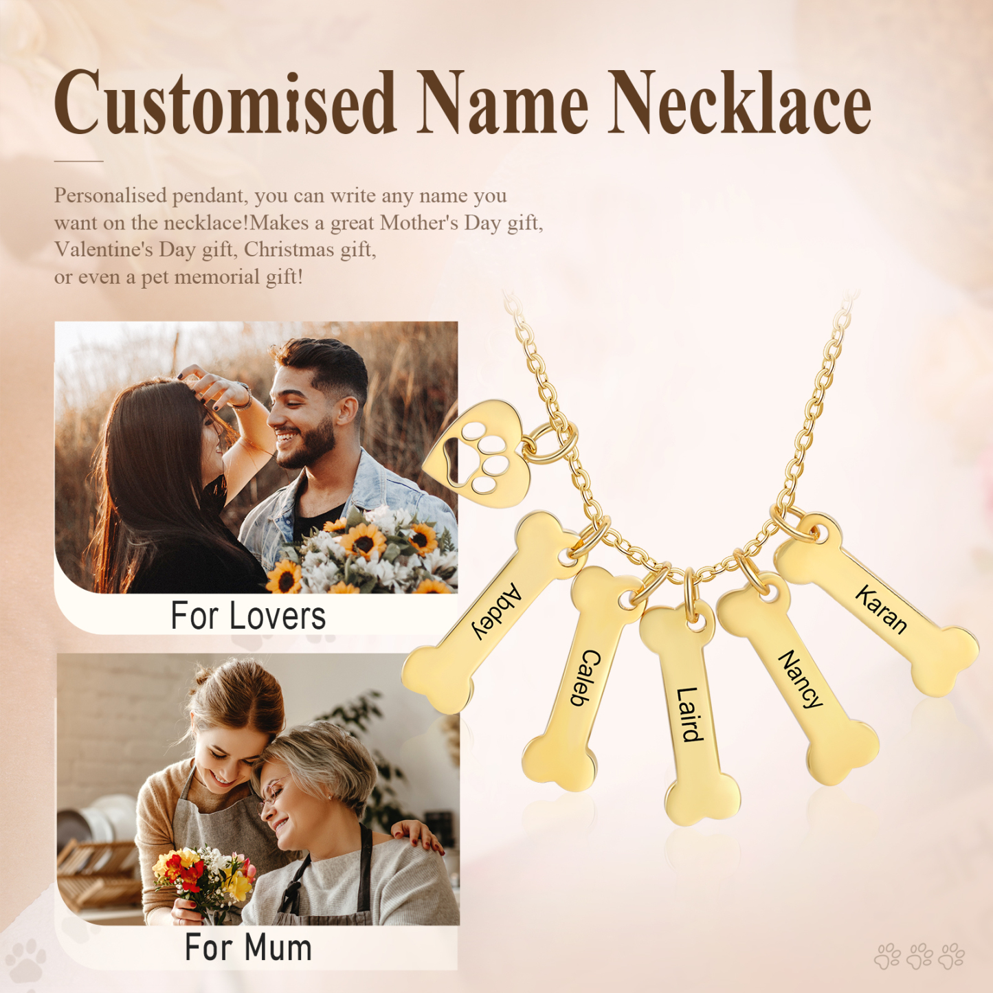 5 Names - Personalised Heart and Bones Charm Pendant Necklace, Custom Name Gift for Her