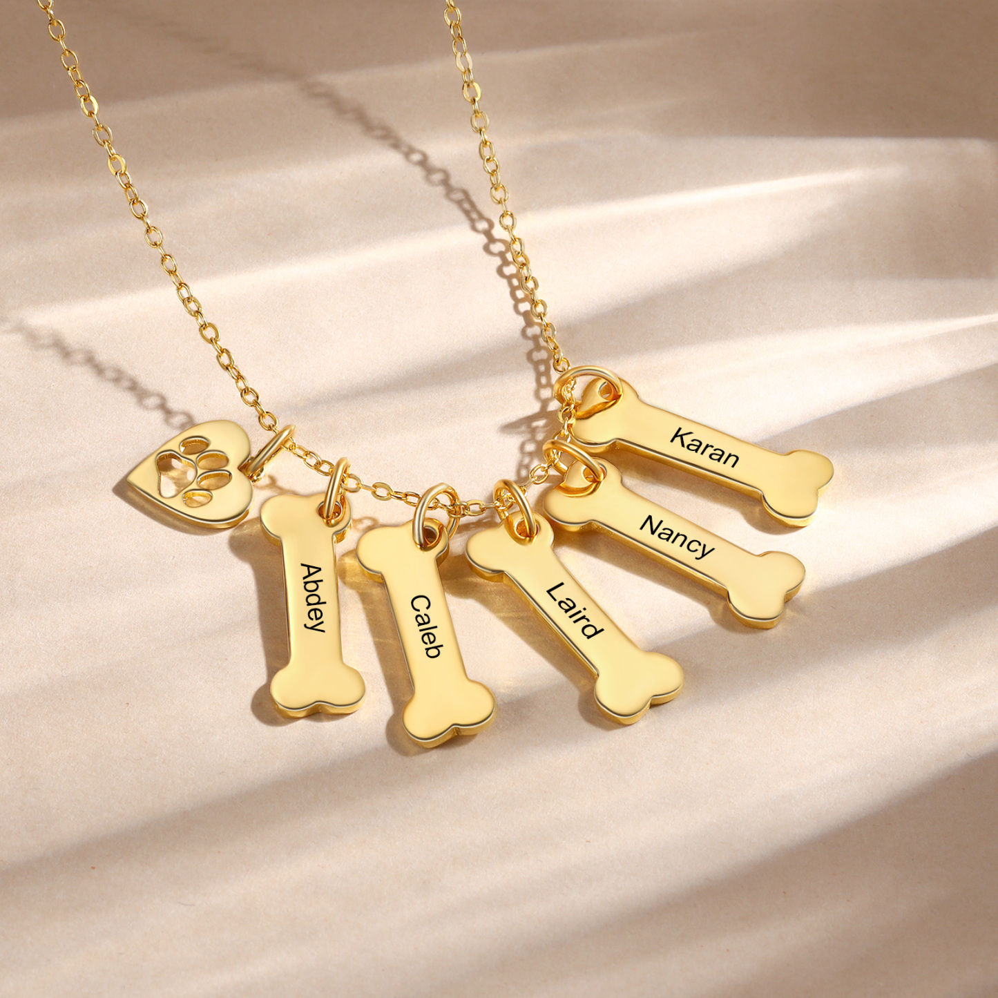 5 Names - Personalised Heart and Bones Charm Pendant Necklace, Custom Name Gift for Her