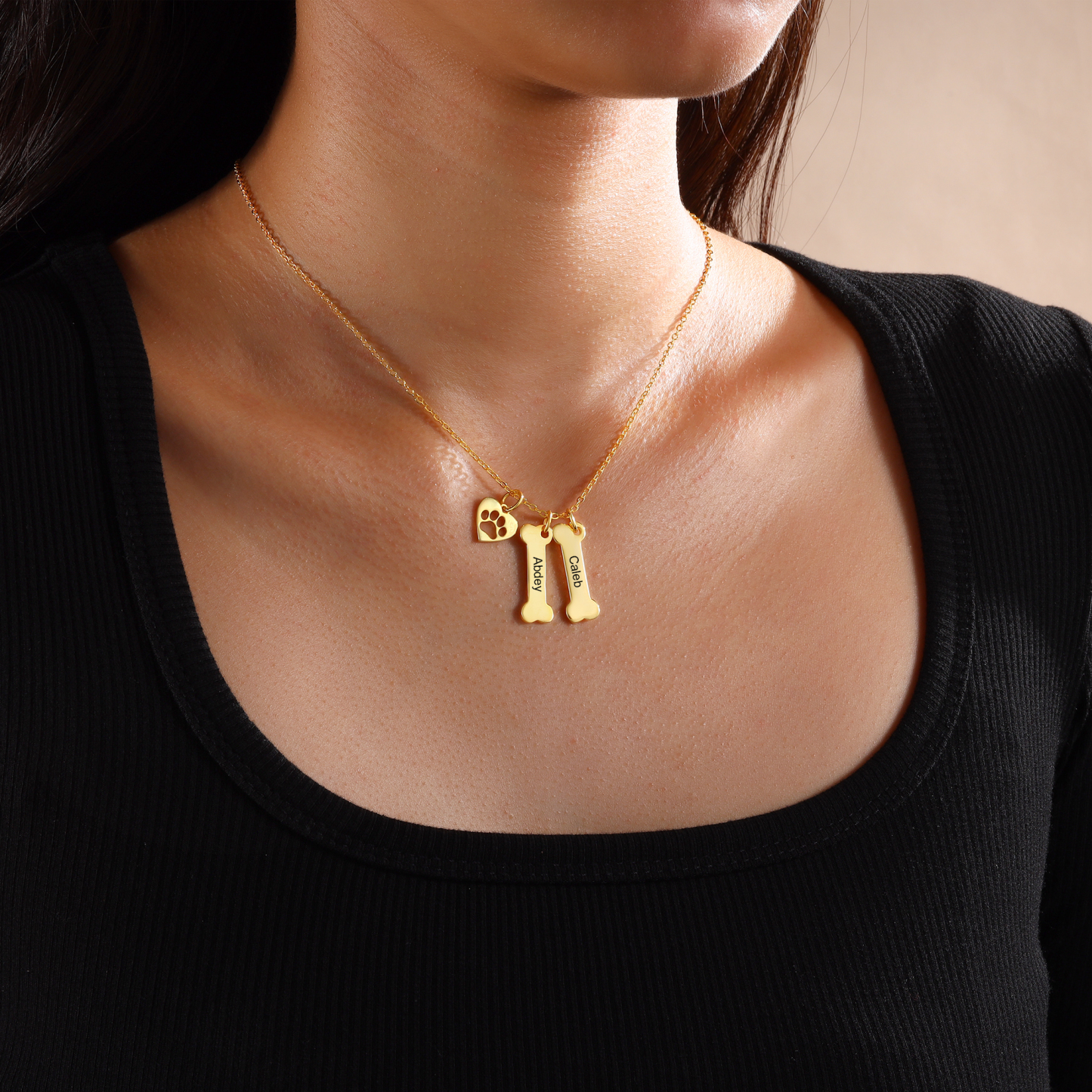 5 Names - Personalised Heart and Bones Charm Pendant Necklace, Custom Name Gift for Her