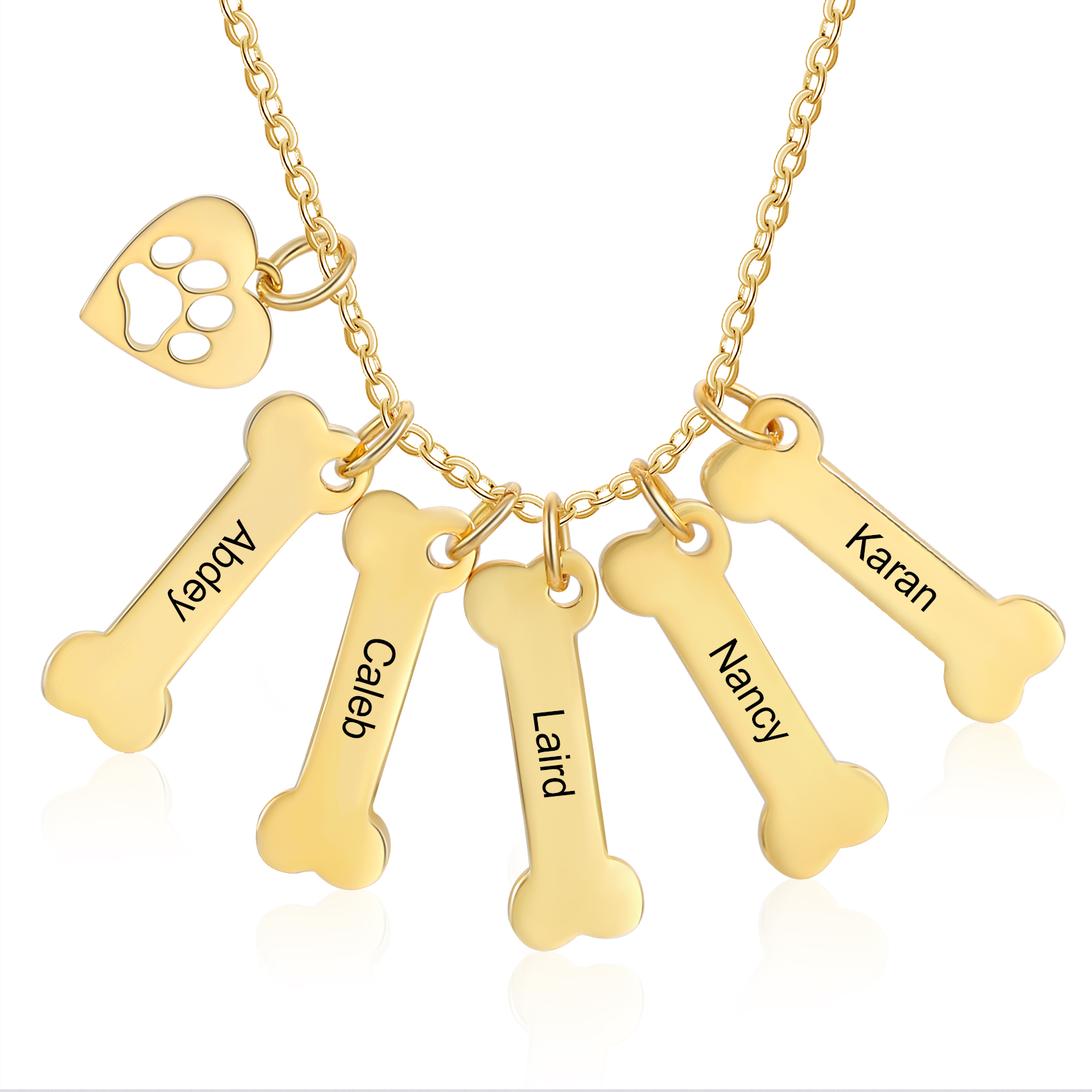5 Names - Personalised Heart and Bones Charm Pendant Necklace, Custom Name Gift for Her