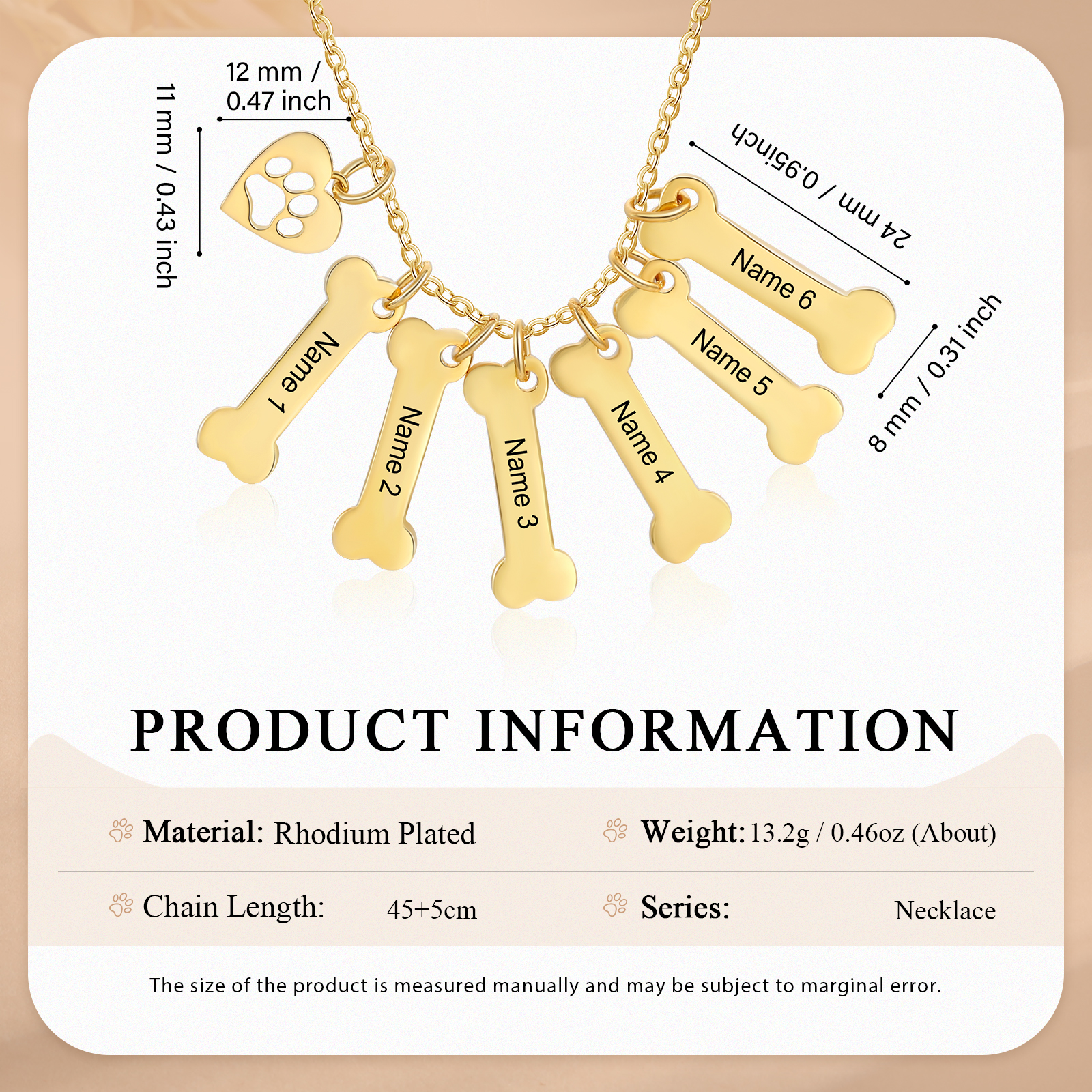 6 Names - Personalised Heart and Bones Charm Pendant Necklace, Custom Name Gift for Her