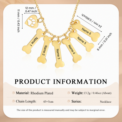 6 Names - Personalised Heart and Bones Charm Pendant Necklace, Custom Name Gift for Her