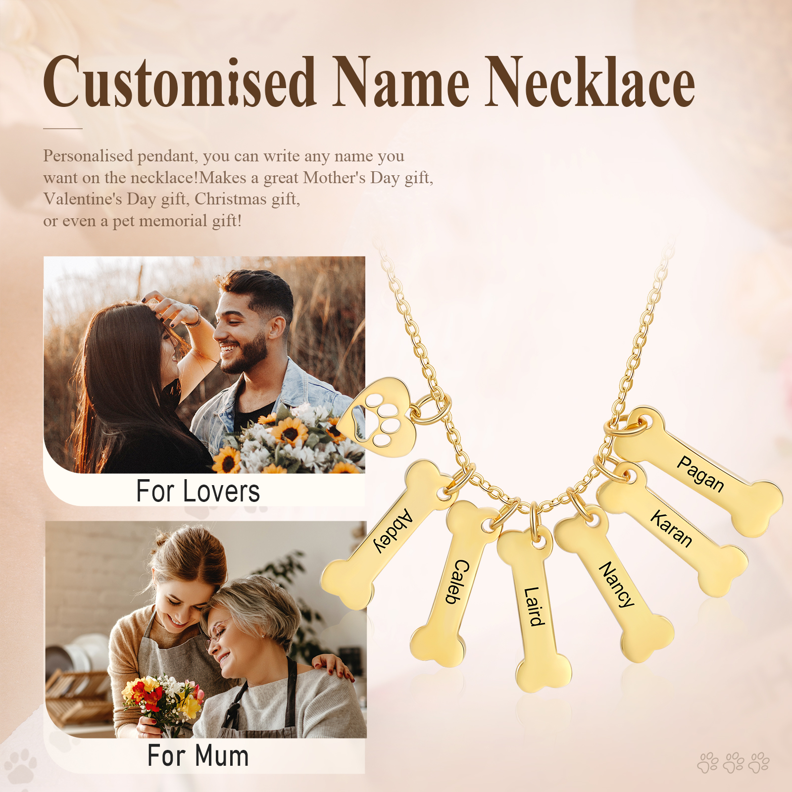 6 Names - Personalised Heart and Bones Charm Pendant Necklace, Custom Name Gift for Her