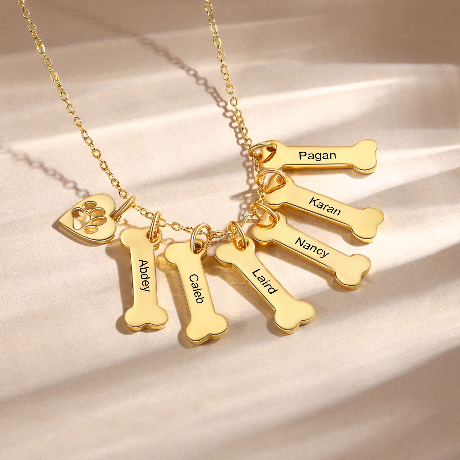 6 Names - Personalised Heart and Bones Charm Pendant Necklace, Custom Name Gift for Her