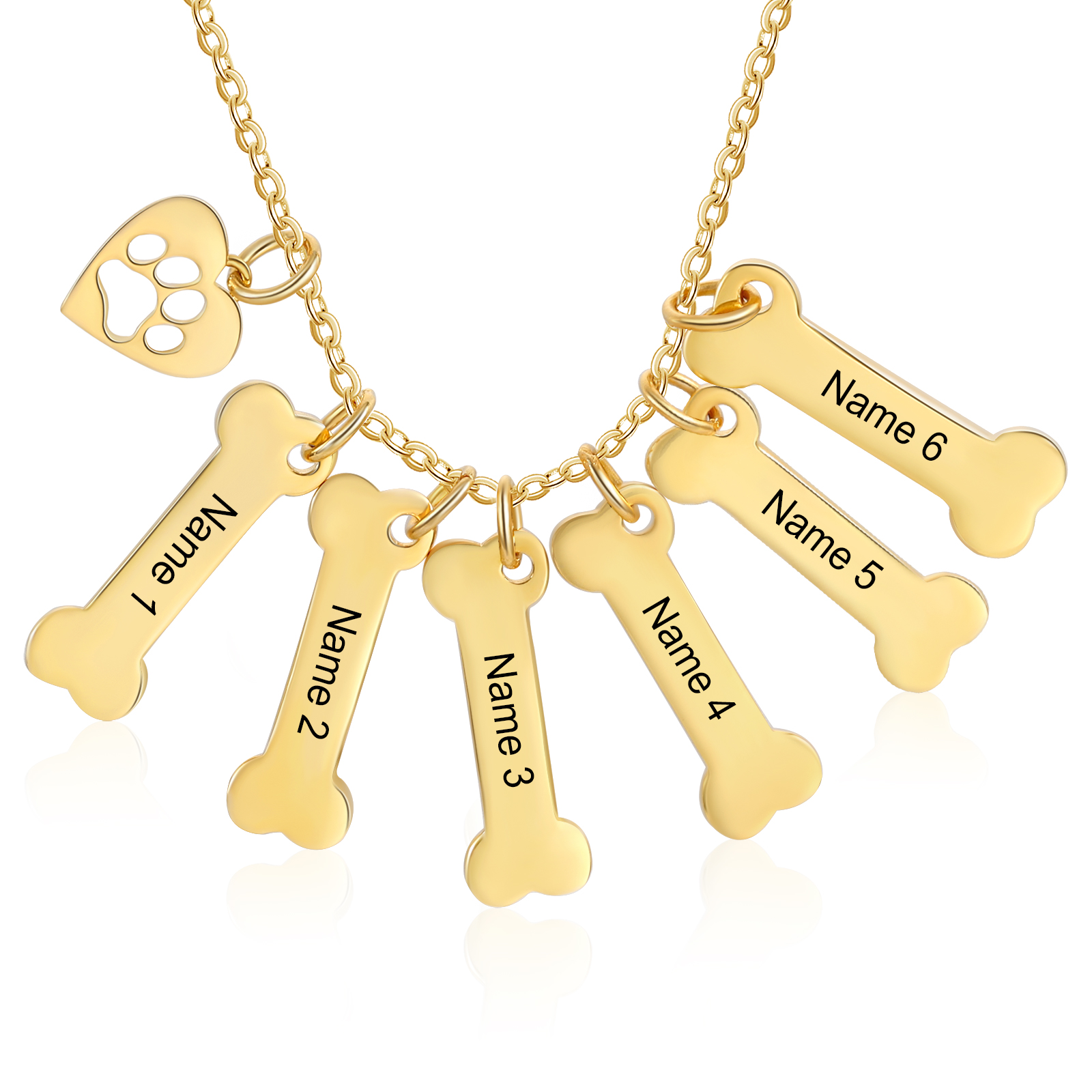 6 Names - Personalised Heart and Bones Charm Pendant Necklace, Custom Name Gift for Her