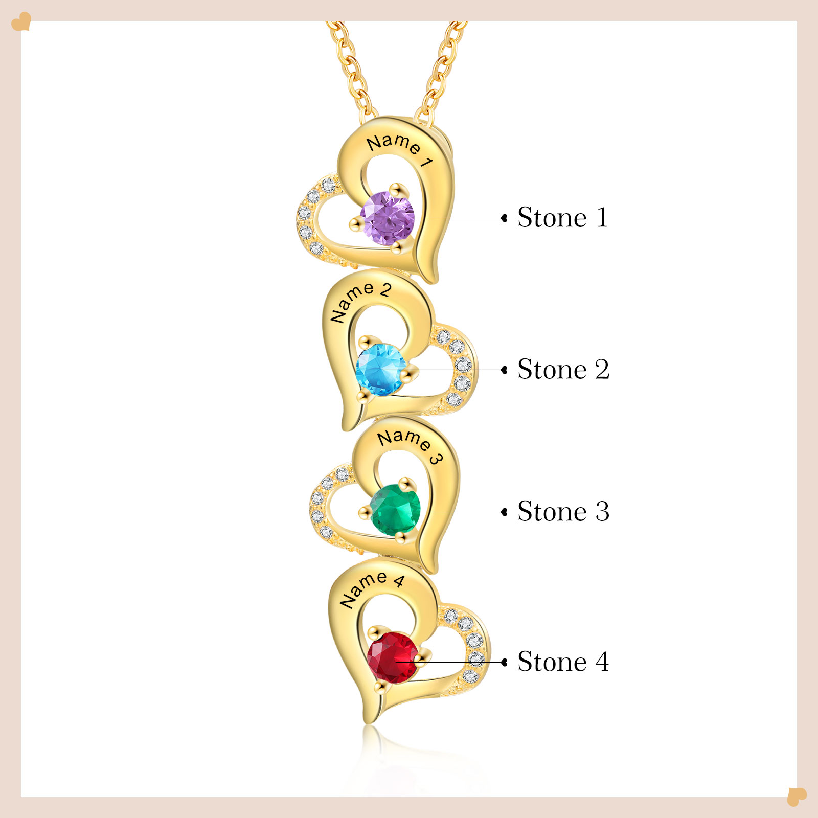 4 Names - Personalized Heart Necklace Custom Birthstone and Name Necklace Gifts for Her