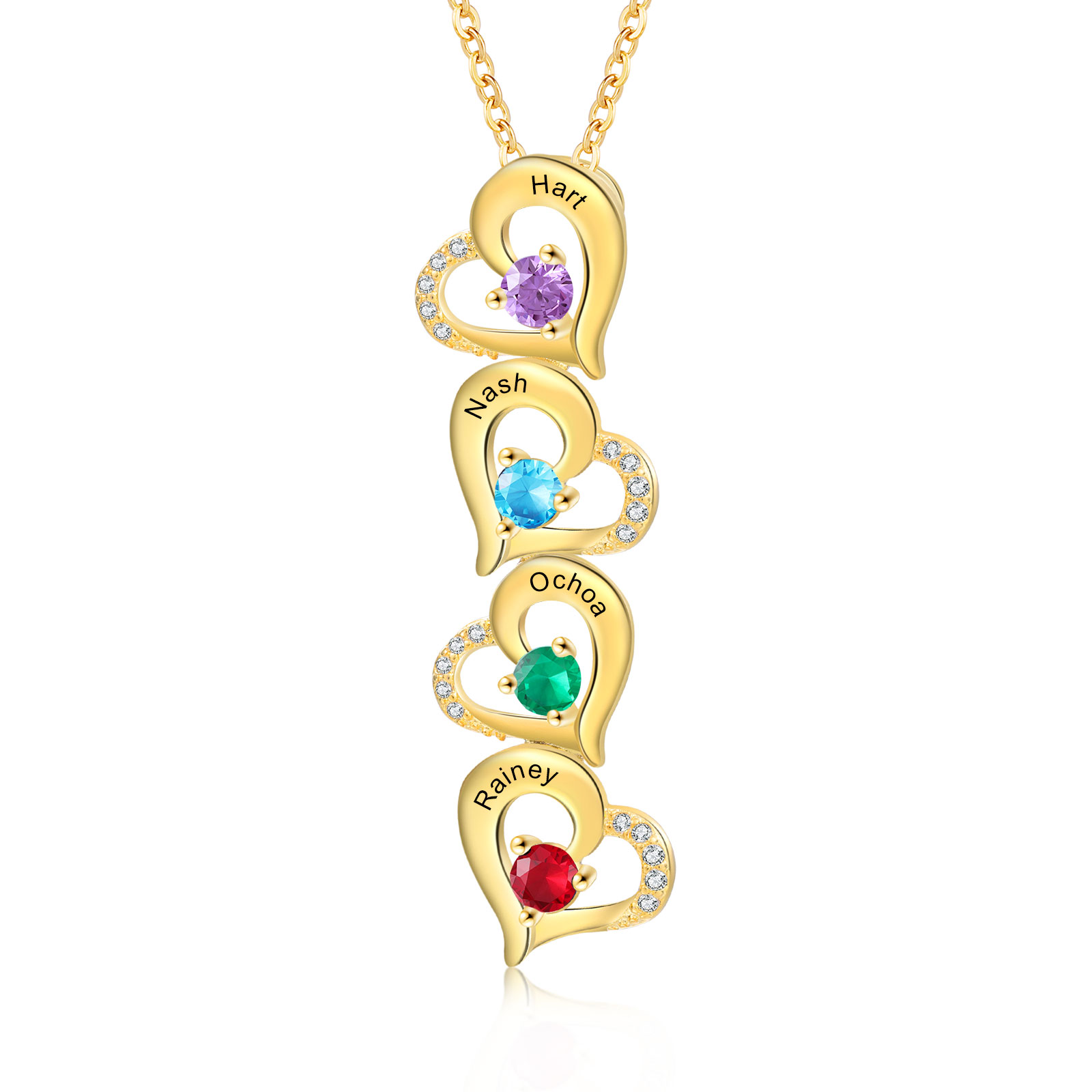 4 Names - Personalized Heart Necklace Custom Birthstone and Name Necklace Gifts for Her