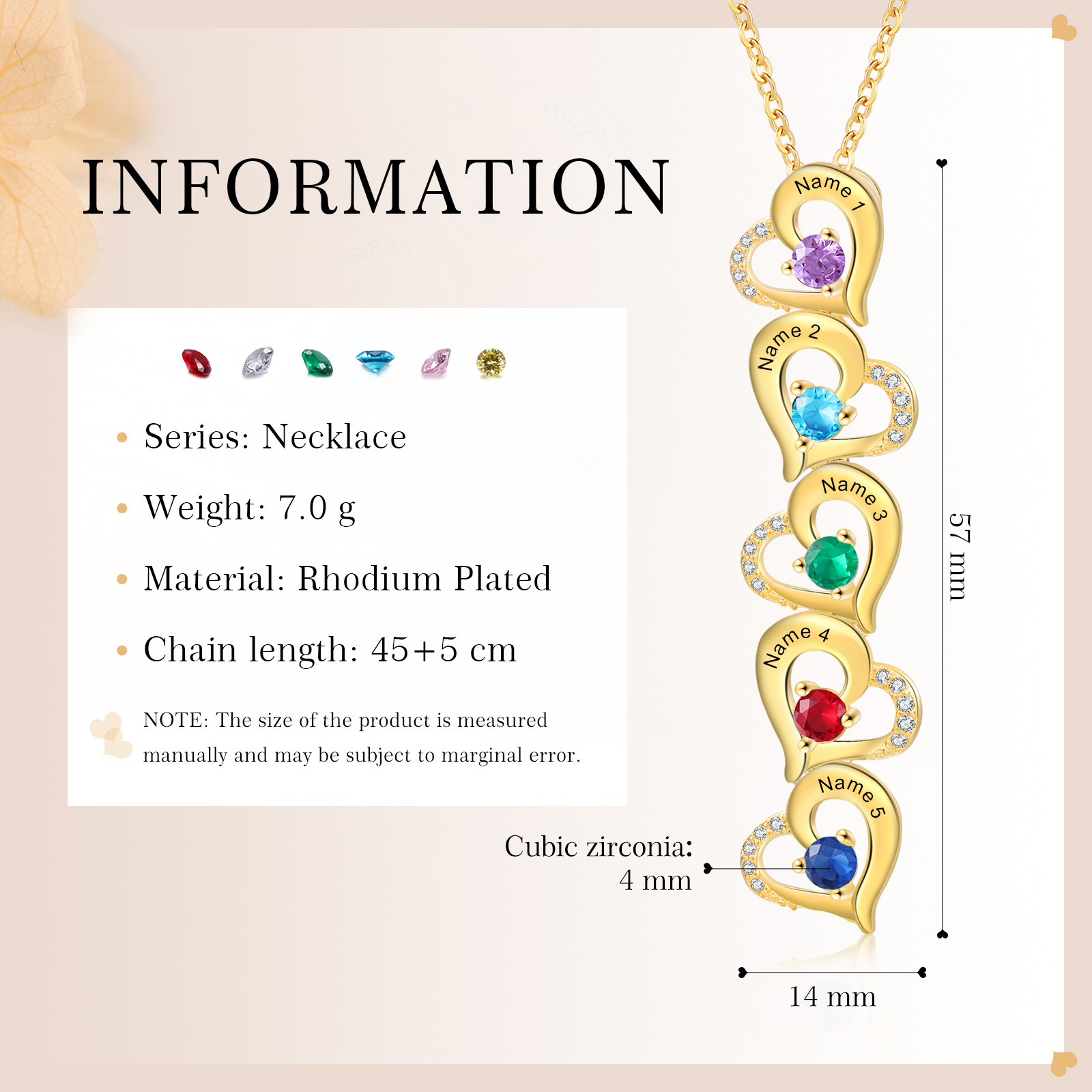 5 Names - Personalized Heart Necklace Custom Birthstone and Name Necklace Gifts for Her