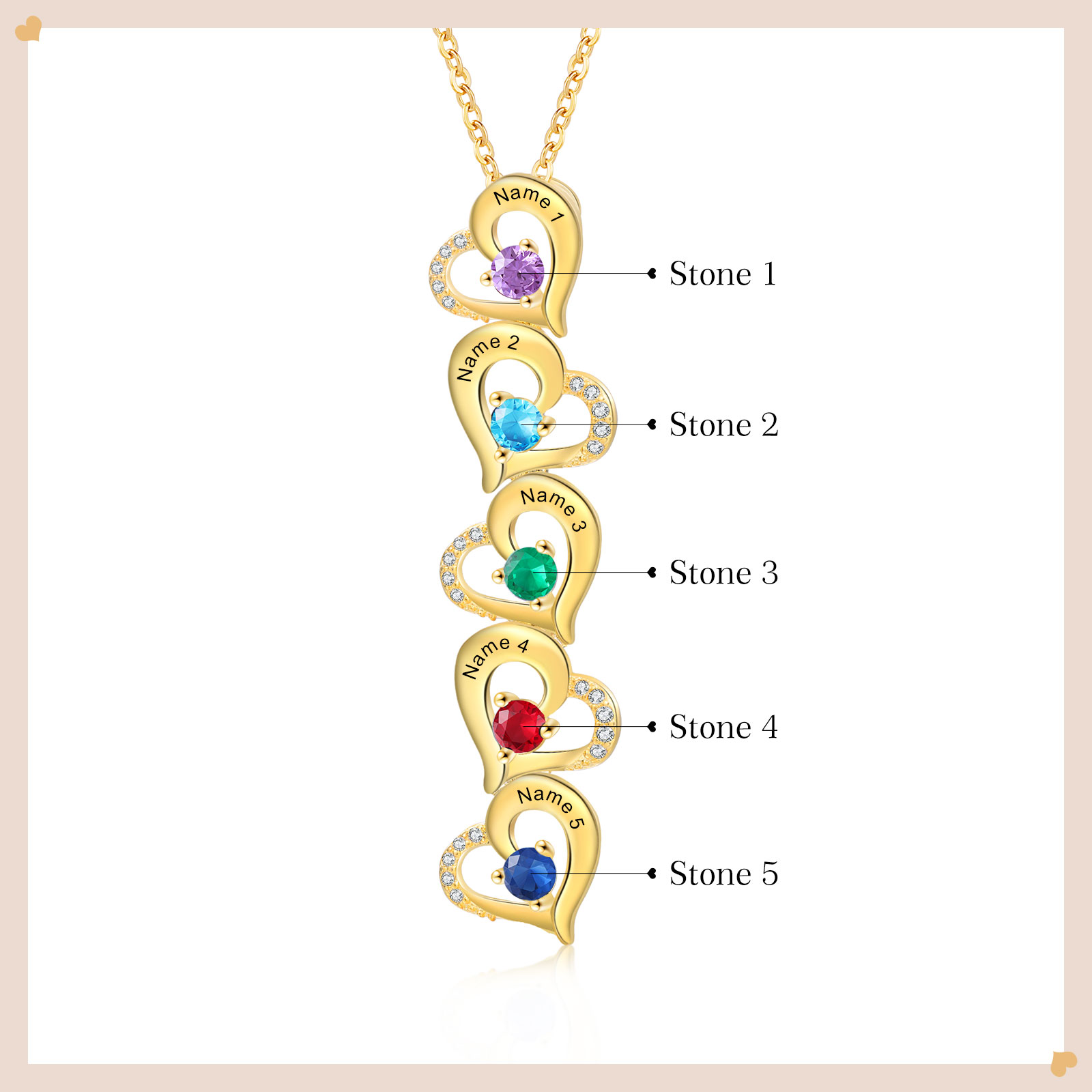 5 Names - Personalized Heart Necklace Custom Birthstone and Name Necklace Gifts for Her